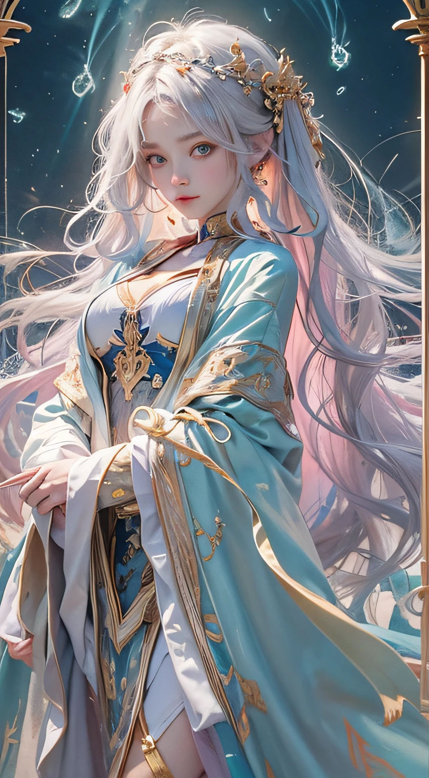 The perfect human structure、Blowing in the wind、long whitr hair、abyss eyes、glowy skin、oiled、small tits、Wizard robes、Tattered fabric、Realistic coat、Think、Super delicate CG Unity 32k wallpaper、tmasterpiece, ((ultra - detailed)), ((illustratio)),Extremely colorful,the wallpaper,energy,Unknown terror,mind bending,Around the magic,Magical environment,wands,Boken,Flight page,Know it all,Predicting the future、Learn about the past、Infinite wisdom、Blue Flame、Warlock、Magic Circles、pentacle、Spells、mantra、Singing magic，Holy light、Pure、There are also elastic messages, Overcoming and hope. breasts are small，B size、slenderness、The chest is open、The eyes are twofold（A detailed eye）, beautiful with detail、Hair that flutters in the wind、Maroon gradient hair color、The hair is silvery graded、high-heels、Gold-tone anklet、Large dial background、Beautiful girl walking on large dial。