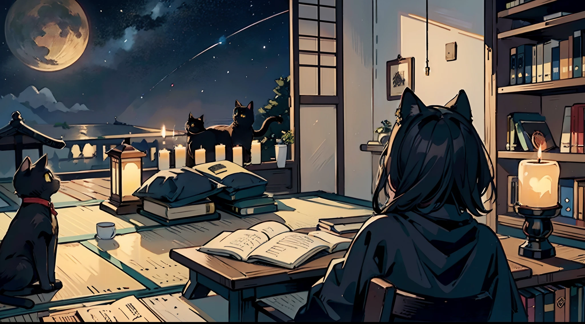 #Quality (intricate-detail、ultra-detailliert:1.2,cinematic shot),
#night landscape (sky with navy color),
#one writing boy ( male、writer,Honor Students、A dark-haired、short-hair、hakama,sit flat),
#dark room (only one candle,books on desk,pretty tatami,a lot of books,bookshelf,black cat)