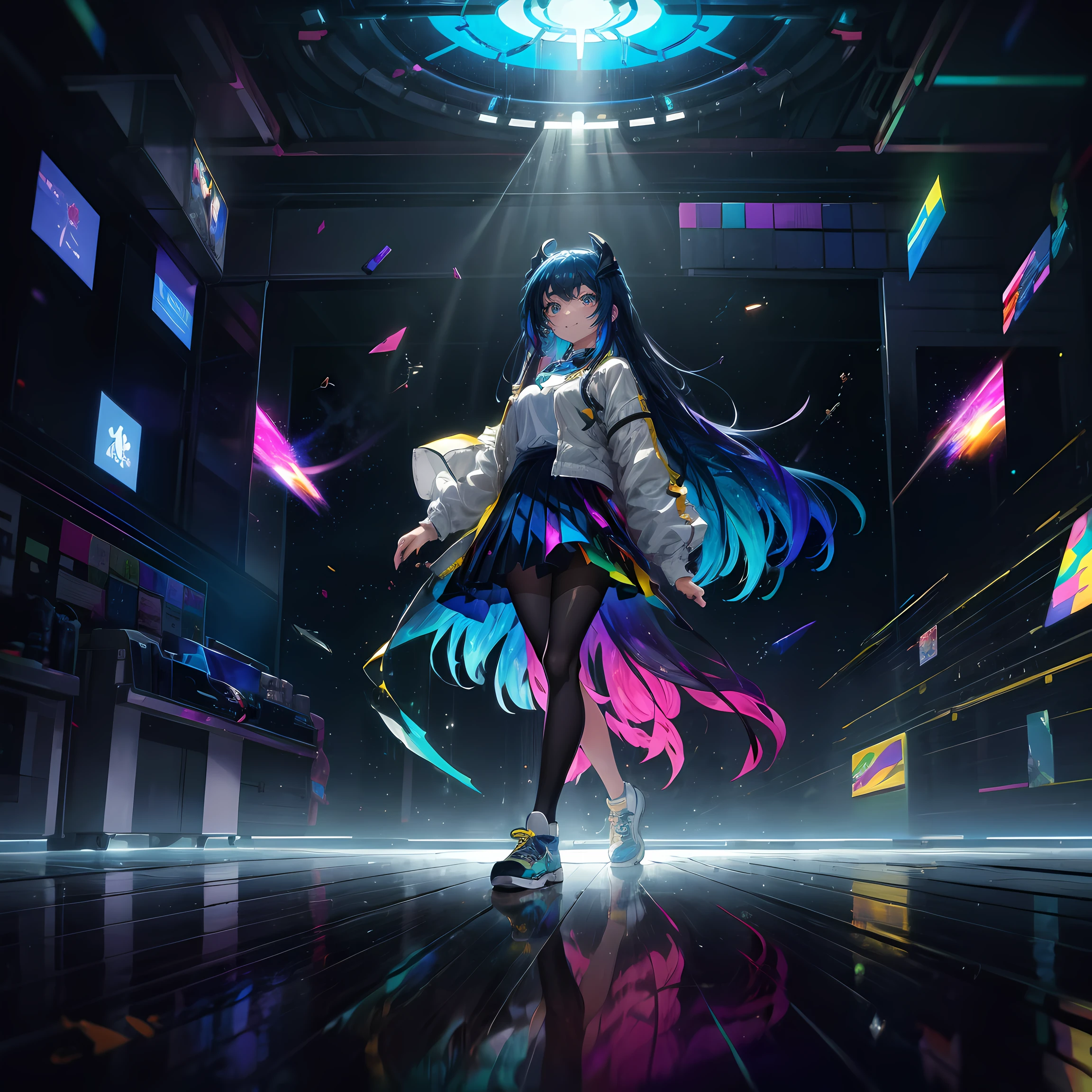 8K、super detailing、ccurate、top-quality,drop shadow,animesque, 独奏, after rain,Girl Walking in Space, Bright blue hair, Open jacket, White Print Shirts, Neon lighting, A smile, Very long hair, Gradient Golden Eye, multicolored skirt, Pantyhose with only one leg, Sneakers without laces, Rays of different colors, vases,Cracked floor