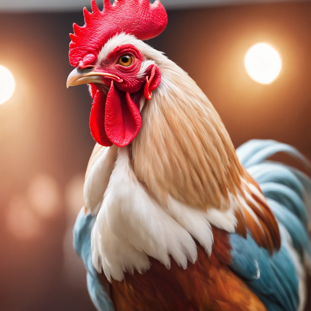 An anthropomorphic rooster representing Elvis Presly, 70s show poster, (ultra realistic), (ultra detailed), dancing with microphone in hand, 4k