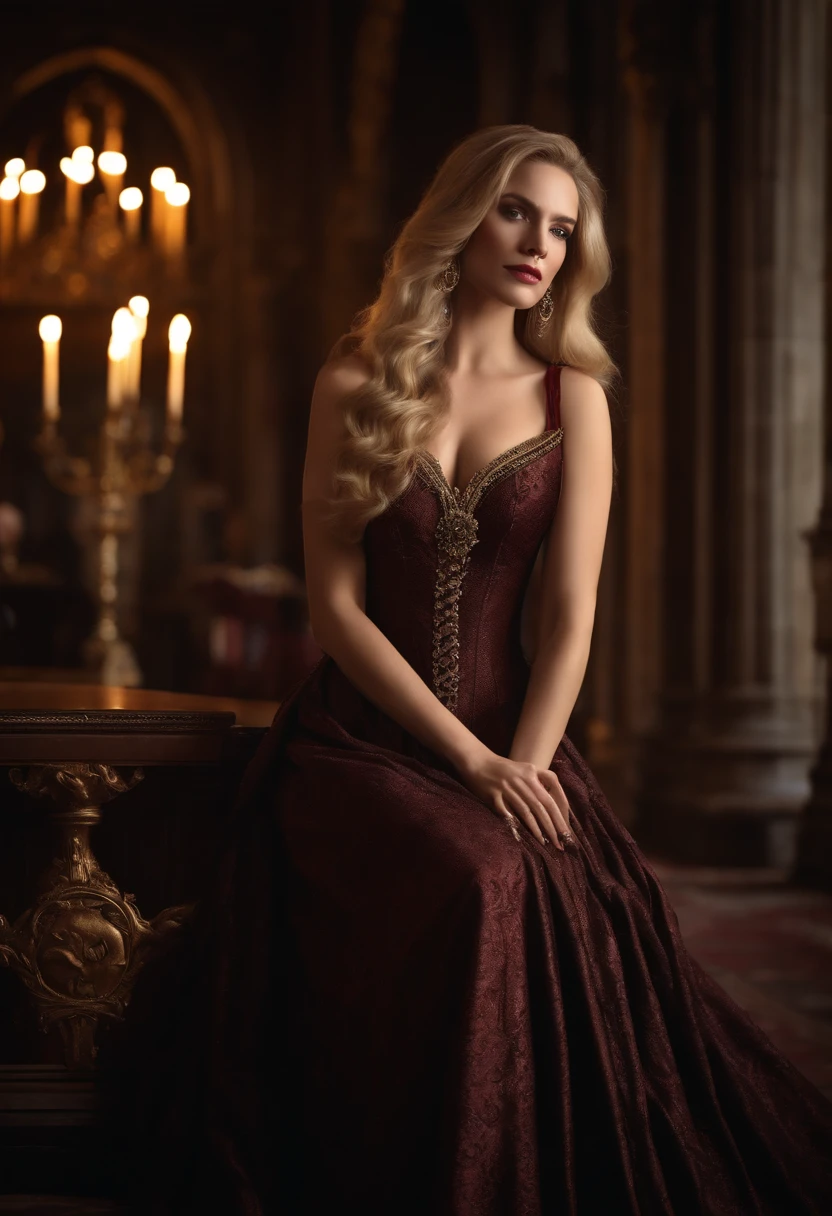 best quality, 4k, highres, ultra-detailed, portrait of beautiful Lady catherine, straight long hair, blonde, vampire in a dark, flowing gown, off shoulder dress, cleavage, medieval, royal attire, palace interior, golden throne, detailed facial features, expressive eyes and lips, rich colors, soft lighting