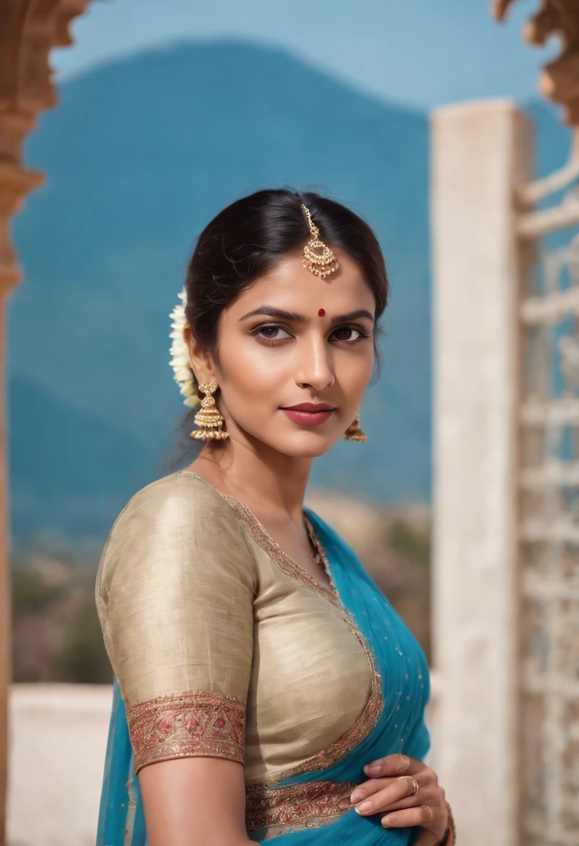 hindu woman in typical Indian dress, blue gate in the background, half-length shot, sunny day, high quality photo