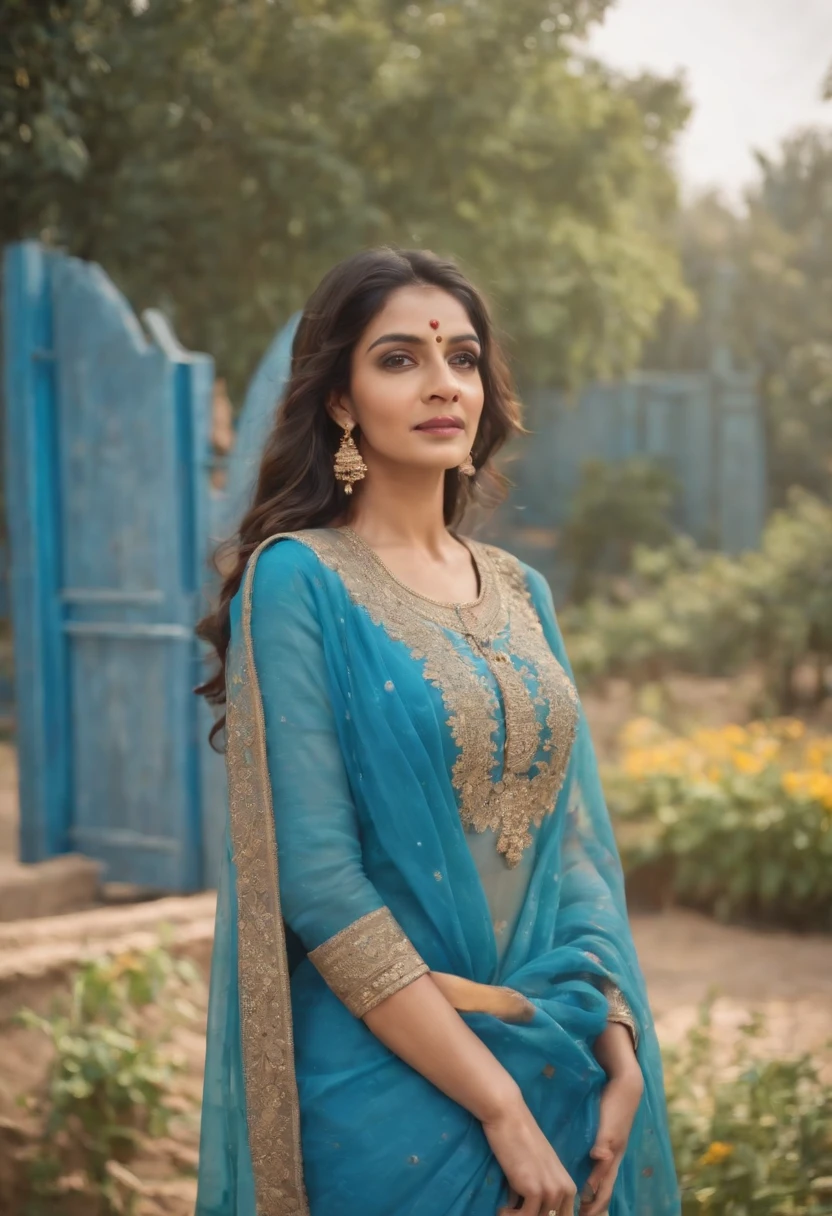 Woman in typical Indian dress, Blue gate in the background, half-length shot, Sunny day, high-quality phot