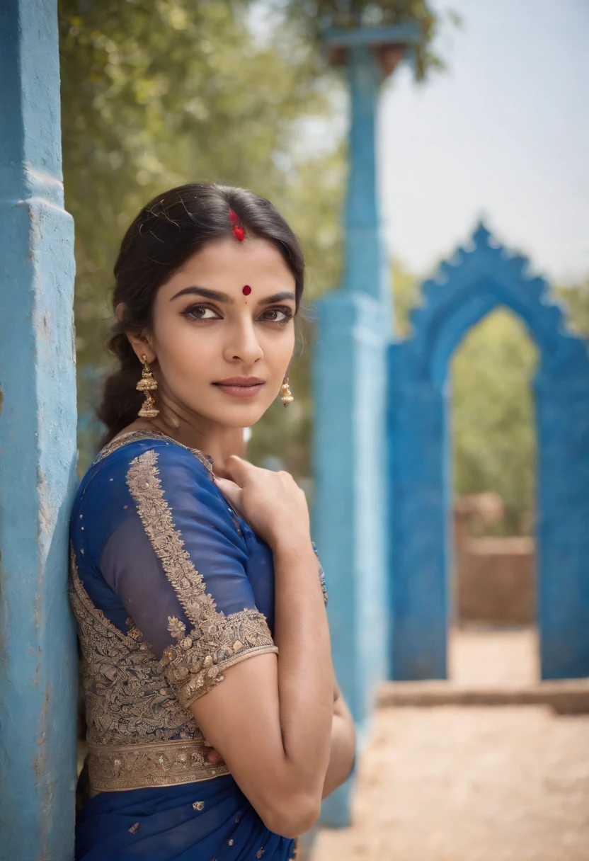 Woman in typical Indian dress, Blue gate in the background, half-length shot, Sunny day, high-quality phot