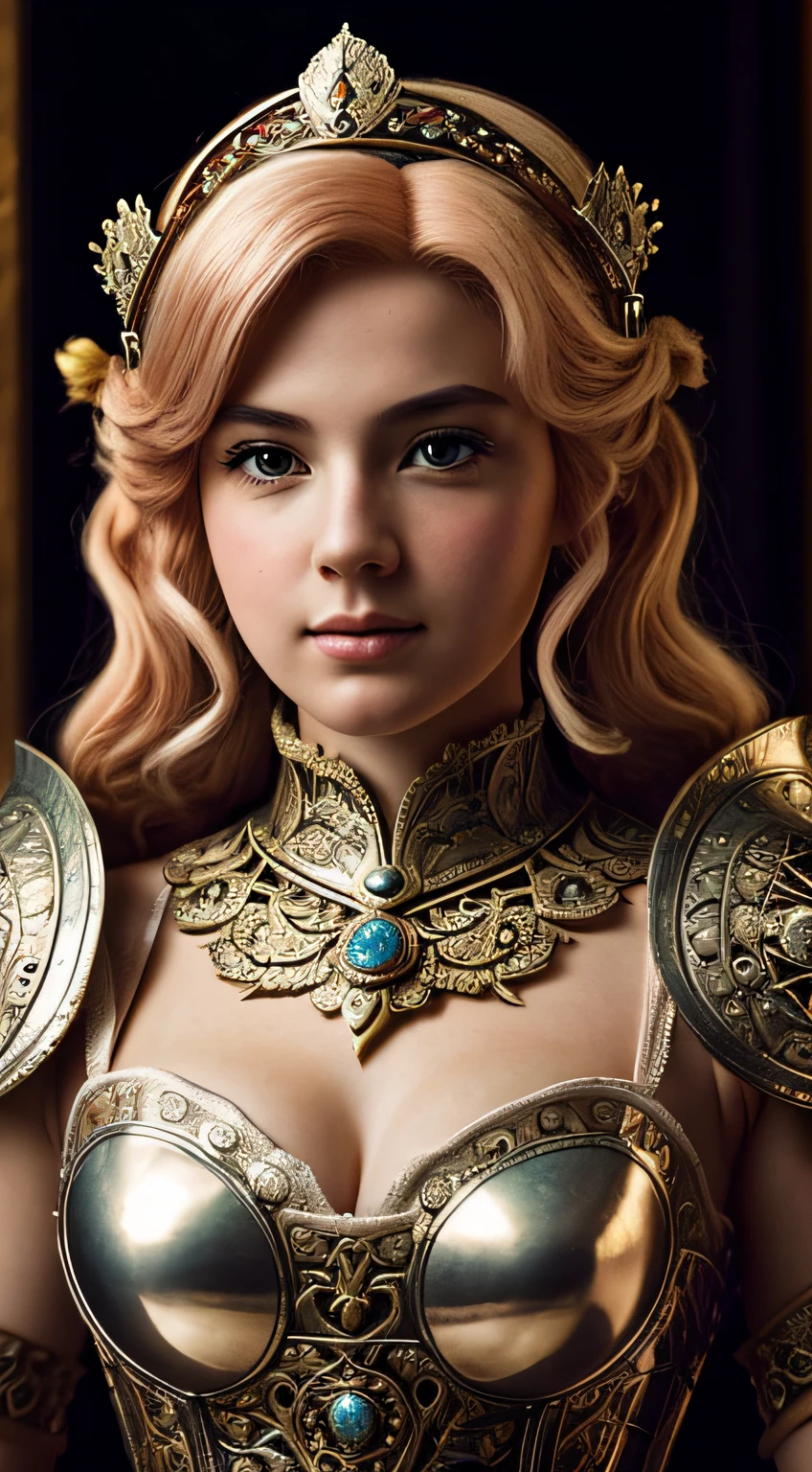 a documentary portrait photography of princess peach with an intricate ornate armor, medieval armor, enameled armor, ivory, masterpiece, highly detailed (sfw), cinematographic lighting,