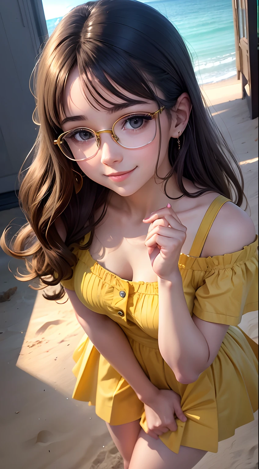 yellow short dress, school uniform, very pretty European princess, wearing round glasses, portrait photo, beach, standing up straight, head and ankles straight, smiling, wearing earrings, 4k definition, beautiful slim hands