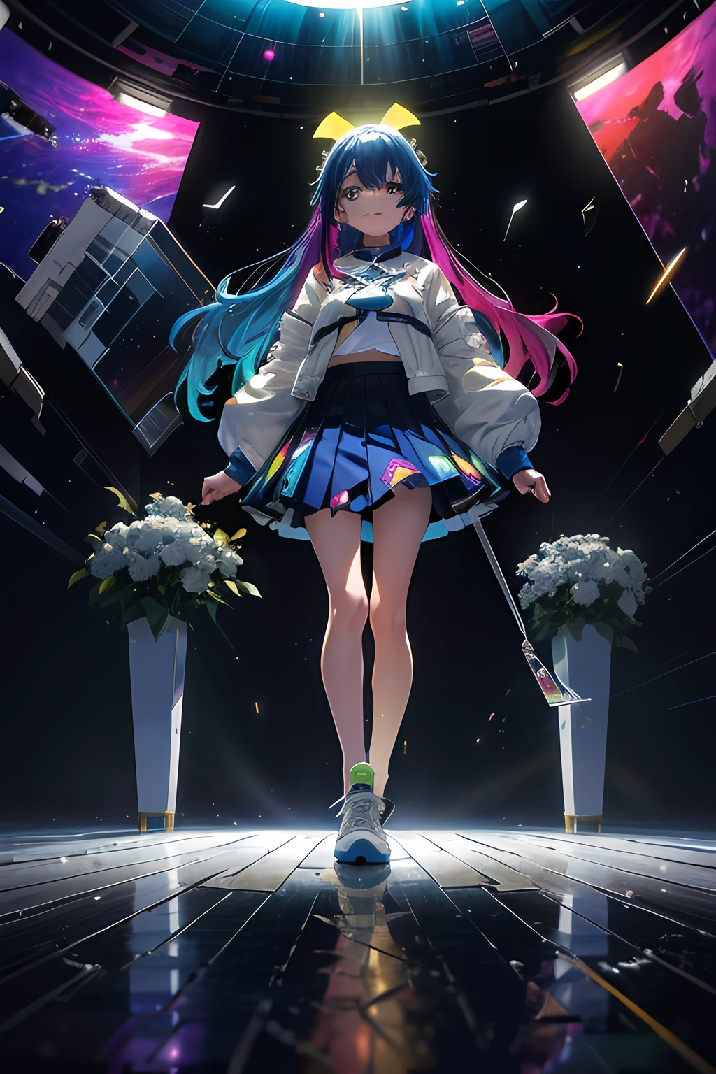 8K、super detailing、ccurate、top-quality,drop shadow,animesque, 独奏, after rain,Girl Walking in Space, Bright blue hair, Open jacket, White Print Shirts, Neon lighting, A smile, Very long hair, Gradient Golden Eye, multicolored skirt, Pantyhose with only one leg, Sneakers without laces, Rays of different colors, vases,Cracked floor