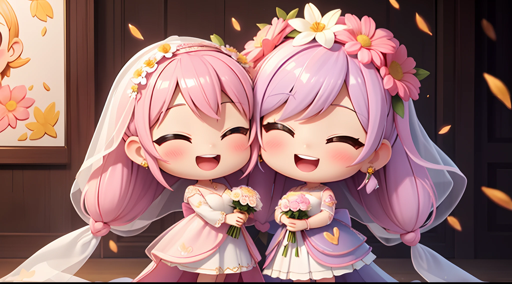 photoRealstic、Nendroids in wedding dress standing in front of the painting、heart pattern in eyes、Open mouth and big smile、watercolor Nendoroid、(High Definition Figure)、Flowing iridescent silk、up of face、Eye Up、Floral dress、There are also flowers in front of the nendroids、flower petals、season!!: 夏天☀ 🍂