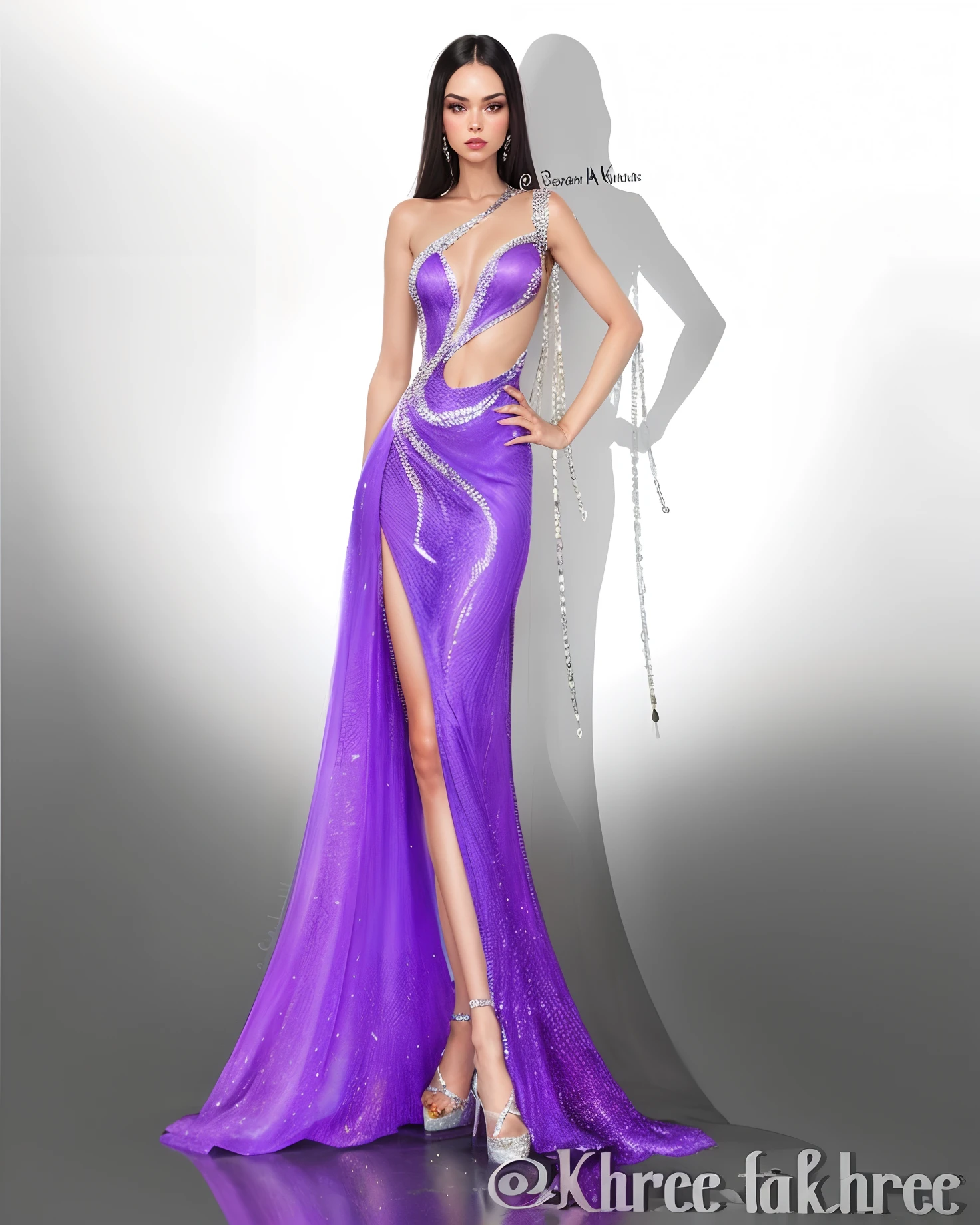 uma mulher em um vestido roxo com uma fenda longa, detailed fashion illustration, luxury fashion illustration, vestido em um vestido roxo, vestido sexy, vestido cintilante de diamante, inspirado em Farid Mansour, vestido extravagante, fantasia vestido longo intrincado, inspired by Adrienn Henczné Deák, inspirado em Rowena Meeks Abdy, vestido vestido bonito vestido realista ilustracao REALISTA 3D REAL