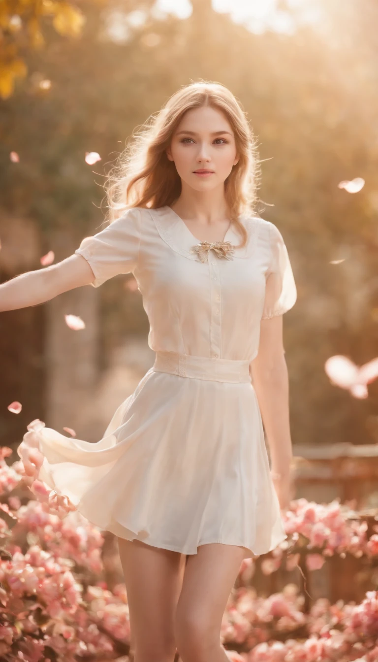 face of adri1971, 35 years old, best quality, masterpiece, highres, (exquisite body:1.5),gorgeous face, (milky skin:1.3), intricate details, high resolution, wallpaper, 1girl, solo, dress, hair ornament, flowers, long hair, blonde hair, smile, jewelry, short sleeves, hand up, big eyes, sexy ass, behind, schoolgirl uniform, mini skirt, natural pose, falling petals, indoor, fanning, lantern, 16K, HDR, depth field, (film grain:1.1), boken, golden hour, (lens flare), vignette, rainbowing, (color grading:1.5)