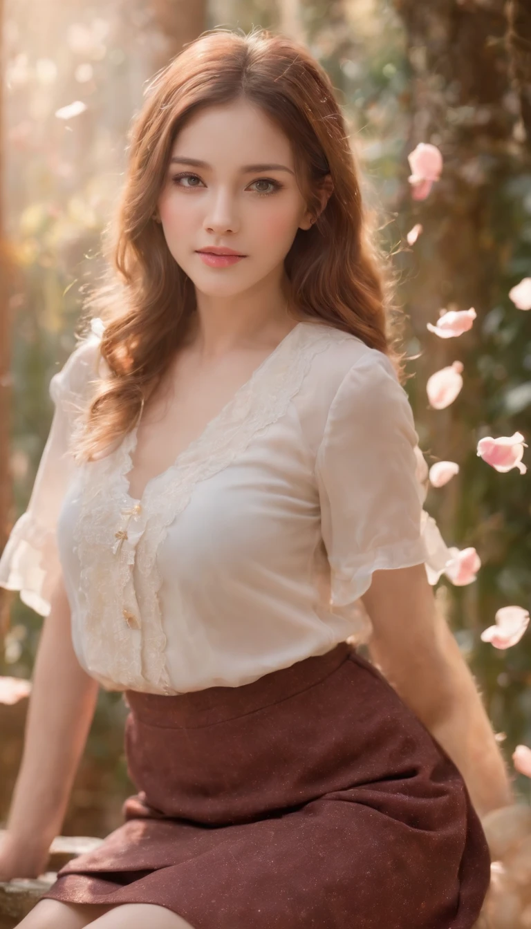 face of adri1971, 35 years old, best quality, masterpiece, highres, (exquisite body:1.5),gorgeous face, (milky skin:1.3), intricate details, high resolution, wallpaper, 1girl, solo, dress, hair ornament, flowers, long hair, blonde hair, smile, jewelry, short sleeves, hand up, big eyes, sexy ass, behind, schoolgirl uniform, mini skirt, natural pose, falling petals, indoor, fanning, lantern, 16K, HDR, depth field, (film grain:1.1), boken, golden hour, (lens flare), vignette, rainbowing, (color grading:1.5)