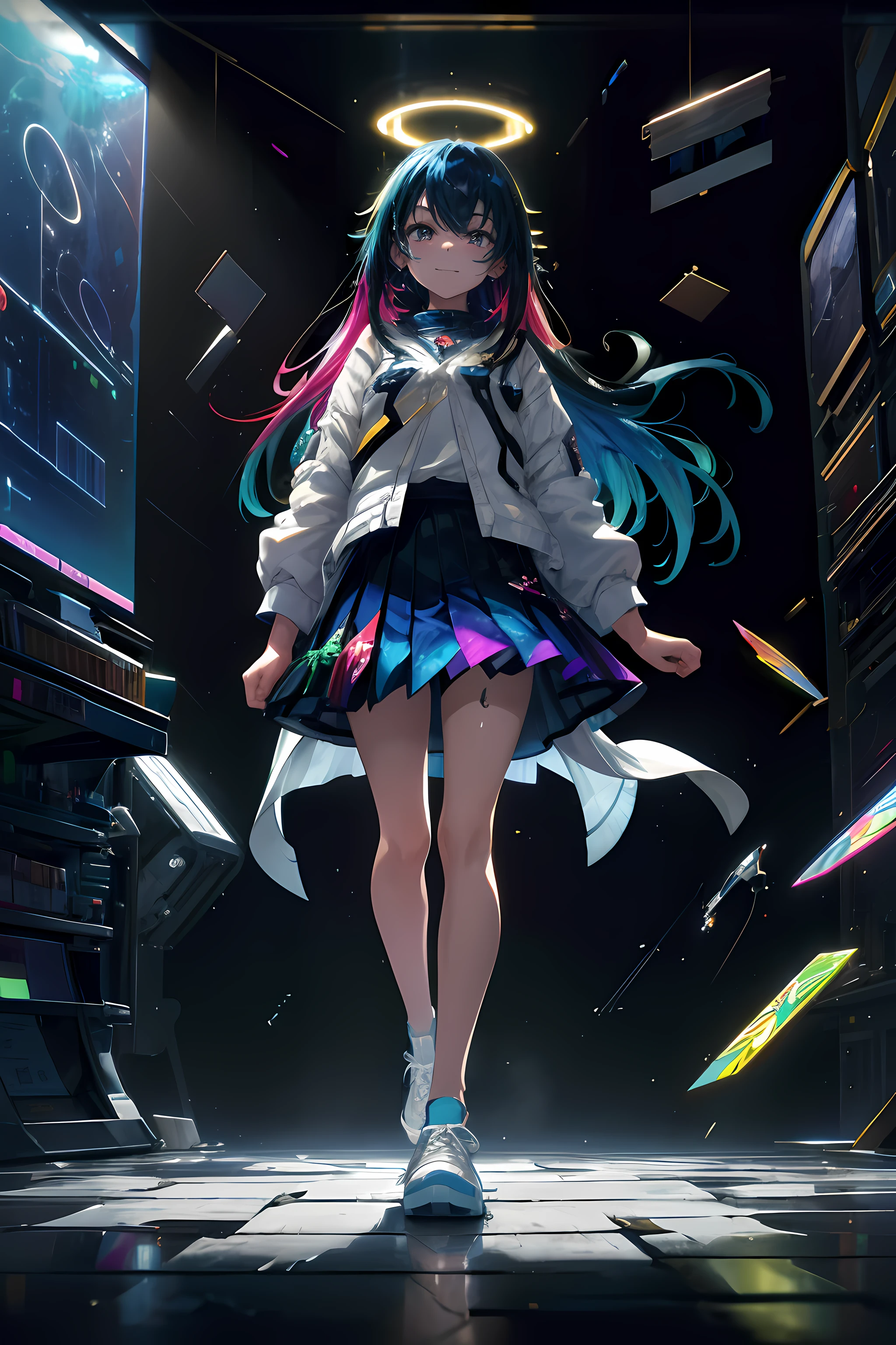 8K、super detailing、ccurate、top-quality,drop shadow,animesque, 独奏, after rain,Girl Walking in Space, Bright blue hair, Open jacket, White Print Shirts, Neon lighting, A smile, Very long hair, Gradient Golden Eye, multicolored skirt, Pantyhose with only one leg, Sneakers without laces, Rays of different colors, vases,Cracked floor