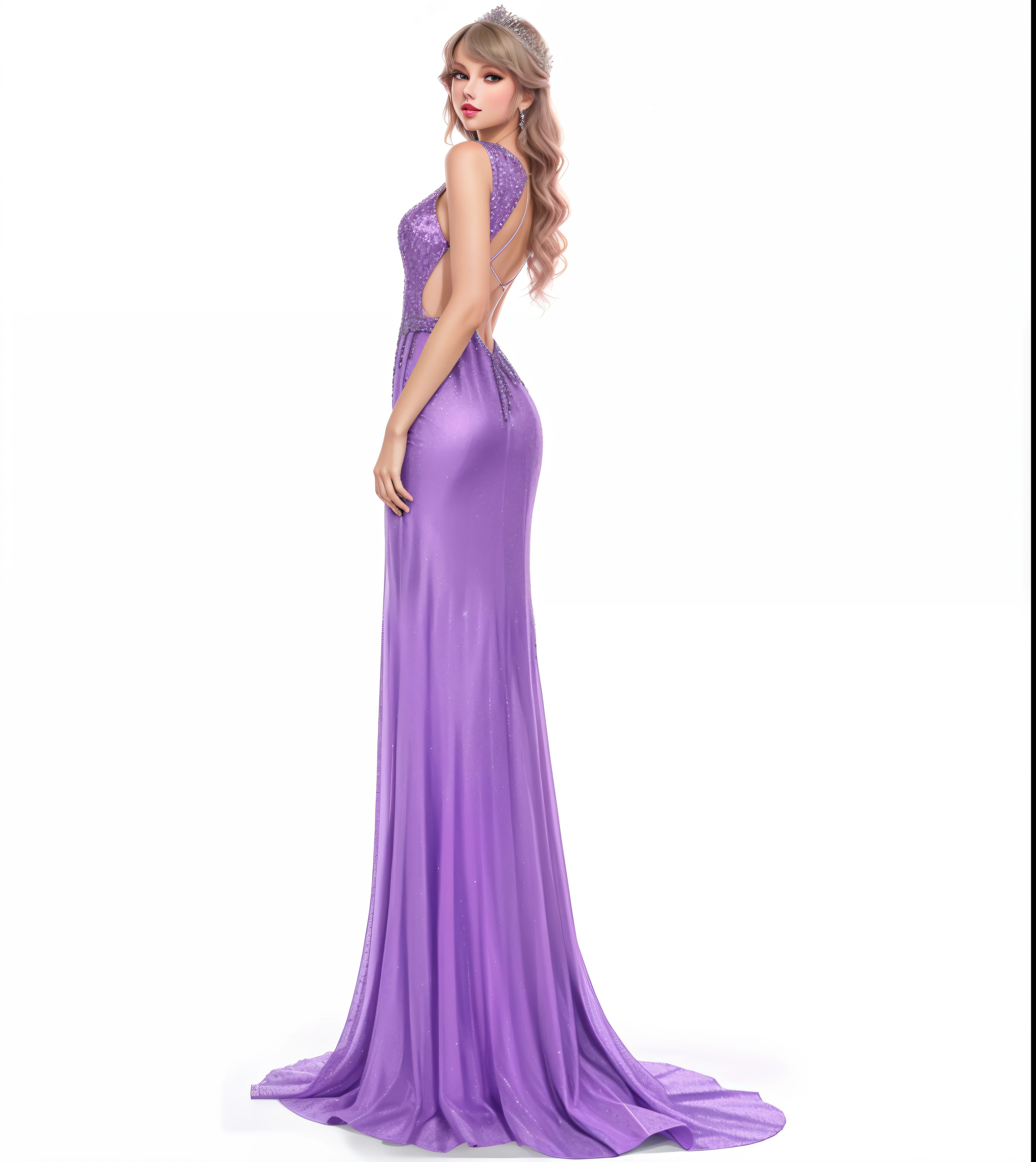 um desenho de uma mulher em um vestido roxo, vestido em um vestido roxo, vestido roxo, full length illustration, exquisite rendering, Taylor Swift feito de gelo roxo, coberto de roxo, usando um vestido de noite, rendering of beauty pageant, detailed fashion illustration, Directed by: Gavin Hamilton, by John Luke, vestido de sereia de glitter rosa, vestido cintilante de diamante, Directed by: Tim Doyle REALISTA ilustracao realista brilhoso roxo