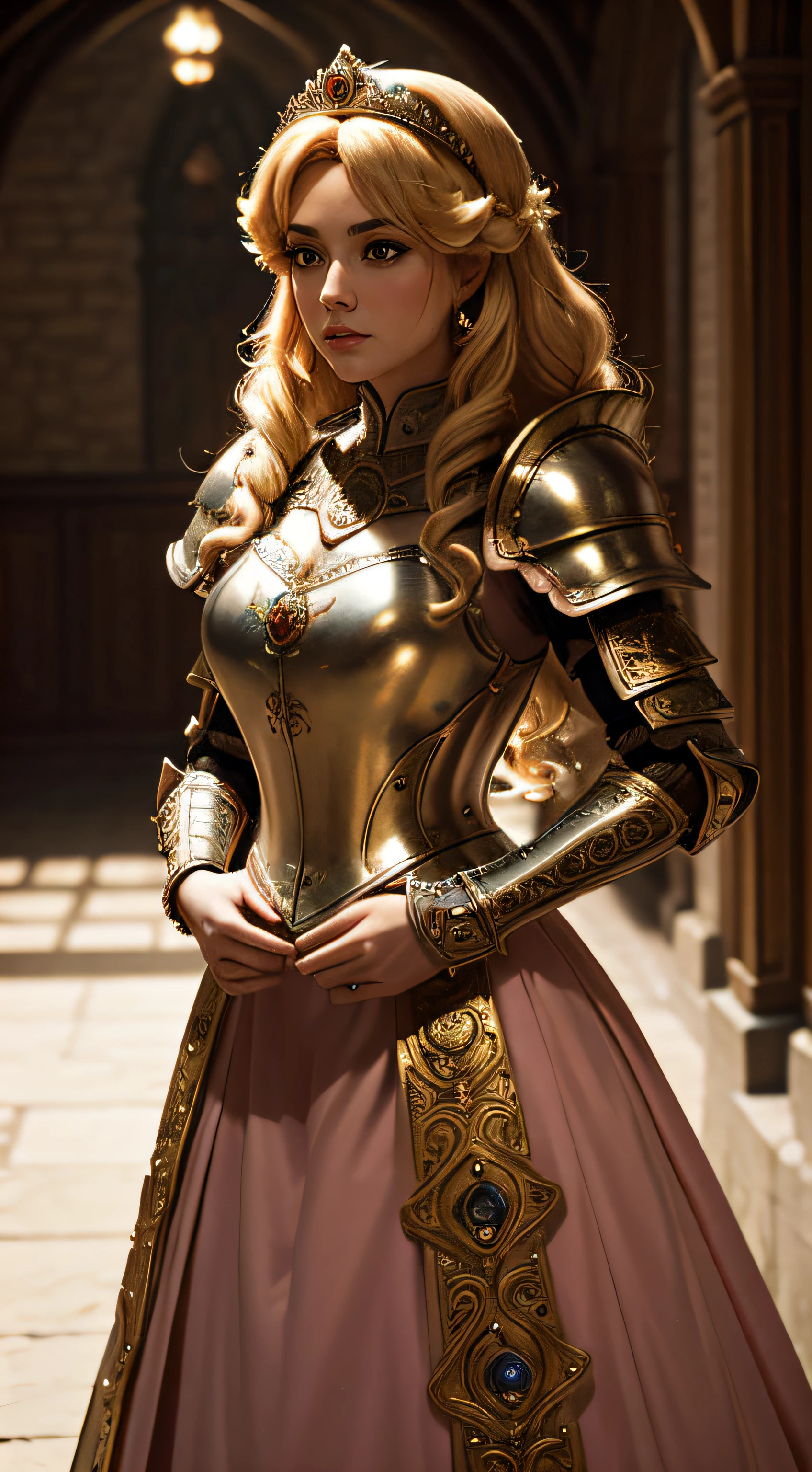 A woman in a gold and pink dress posing for a picture - SeaArt AI