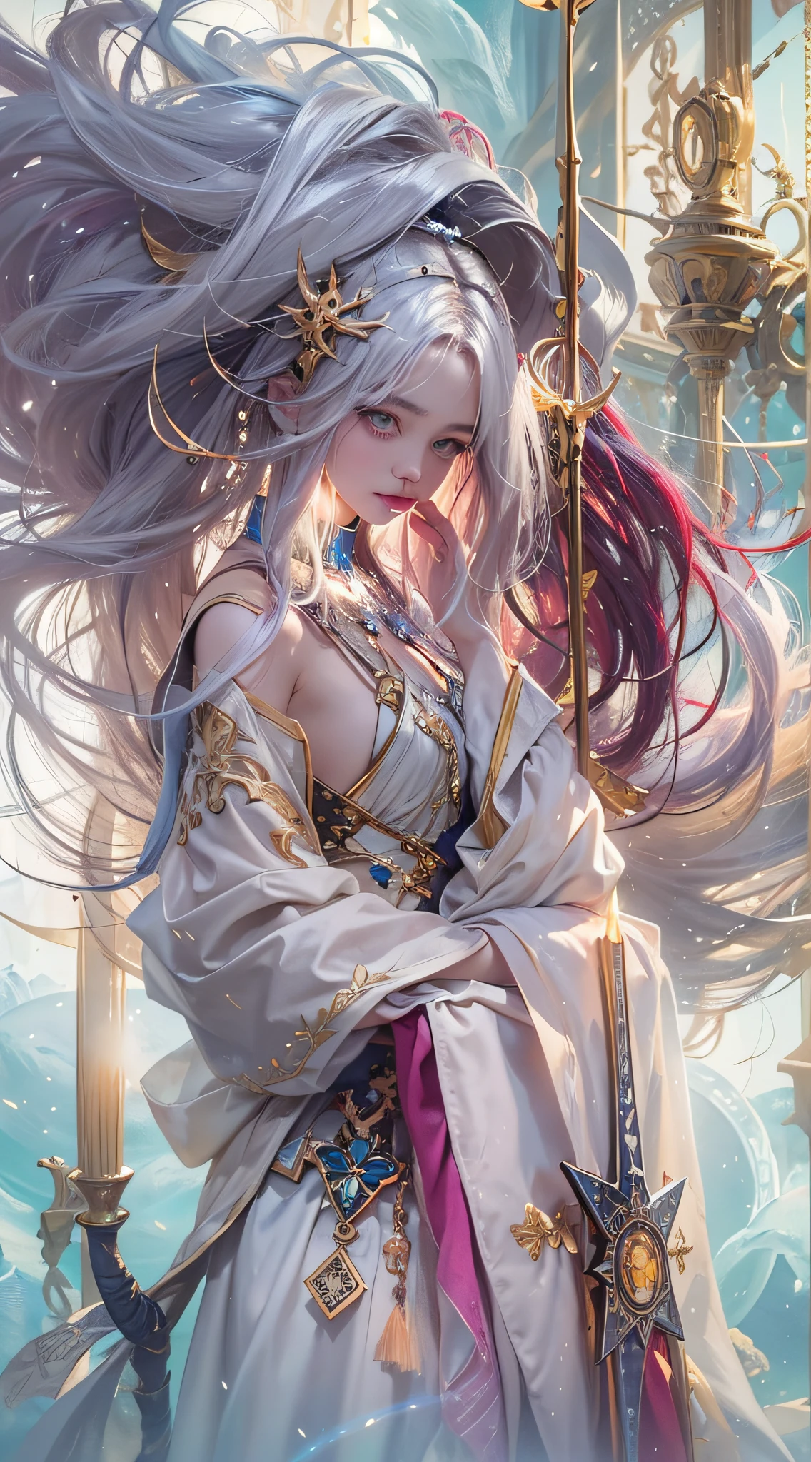 The perfect human structure、Blowing in the wind、long whitr hair、abyss eyes、glowy skin、oiled、small tits、Wizard robes、Tattered fabric、Realistic coat、Think、Super delicate CG Unity 32k wallpaper、tmasterpiece, ((ultra - detailed)), ((illustratio)),Extremely colorful,the wallpaper,energy,Unknown terror,mind bending,Around the magic,Magical environment,wands,Boken,Flight page,Know it all,Predicting the future、Learn about the past、Infinite wisdom、Blue Flame、Warlock、Magic Circles、pentacle、Spells、mantra、Singing magic，Holy light、Pure、There are also elastic messages, Overcoming and hope. breasts are small，B size、slenderness、The chest is open、The eyes are twofold（A detailed eye）, beautiful with detail、Hair that flutters in the wind、Maroon gradient hair color、The hair is silvery graded、high-heels、Gold-tone anklet、Large dial background、Beautiful girl walking on large dial。