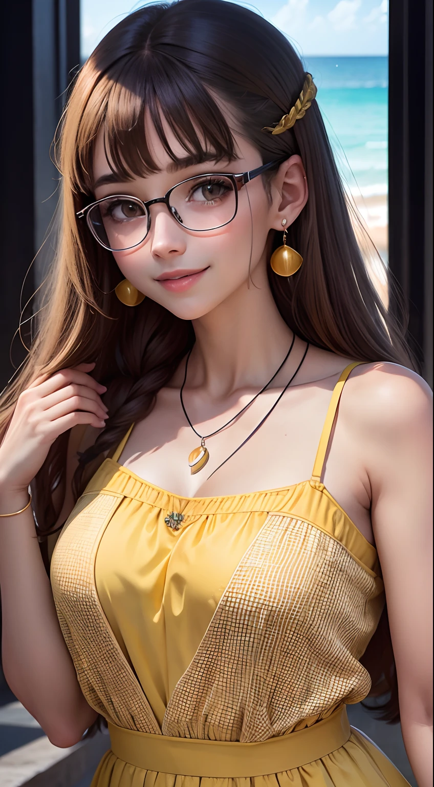 yellow short dress, school uniform, very pretty European princess, wearing round glasses, portrait photo, beach, standing up straight, head and ankles straight, smiling, wearing earrings, 4k definition, beautiful slim hands