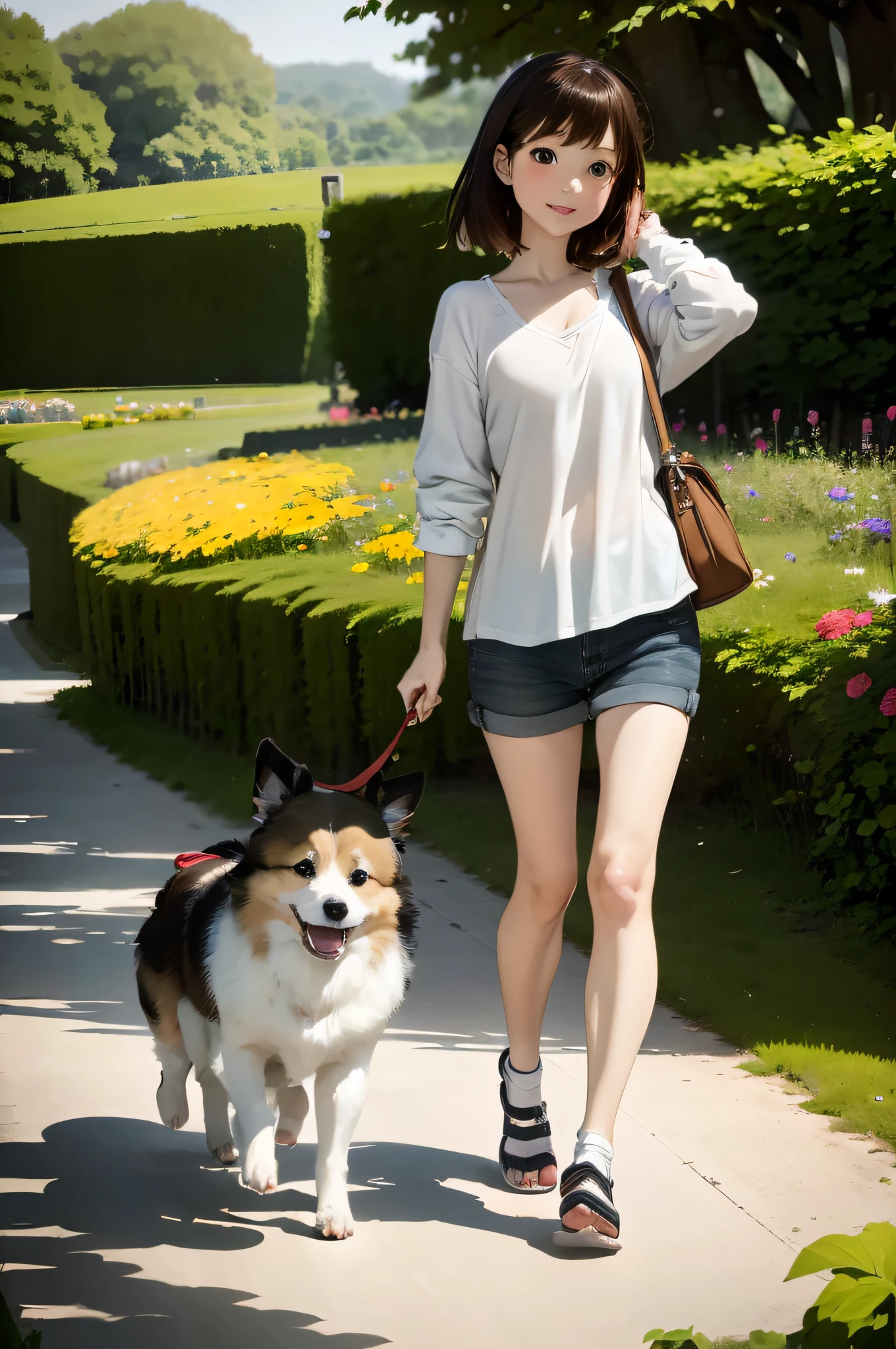 (masutepiece), Best Quality, Ultra-detailed,girl with,white  shirt、bionde、small nose、Very fluffy dog、Realistic depiction of dogs、Walking with a dog、Dogs have a leash、blurry backround:1.5、plein air、flower  field