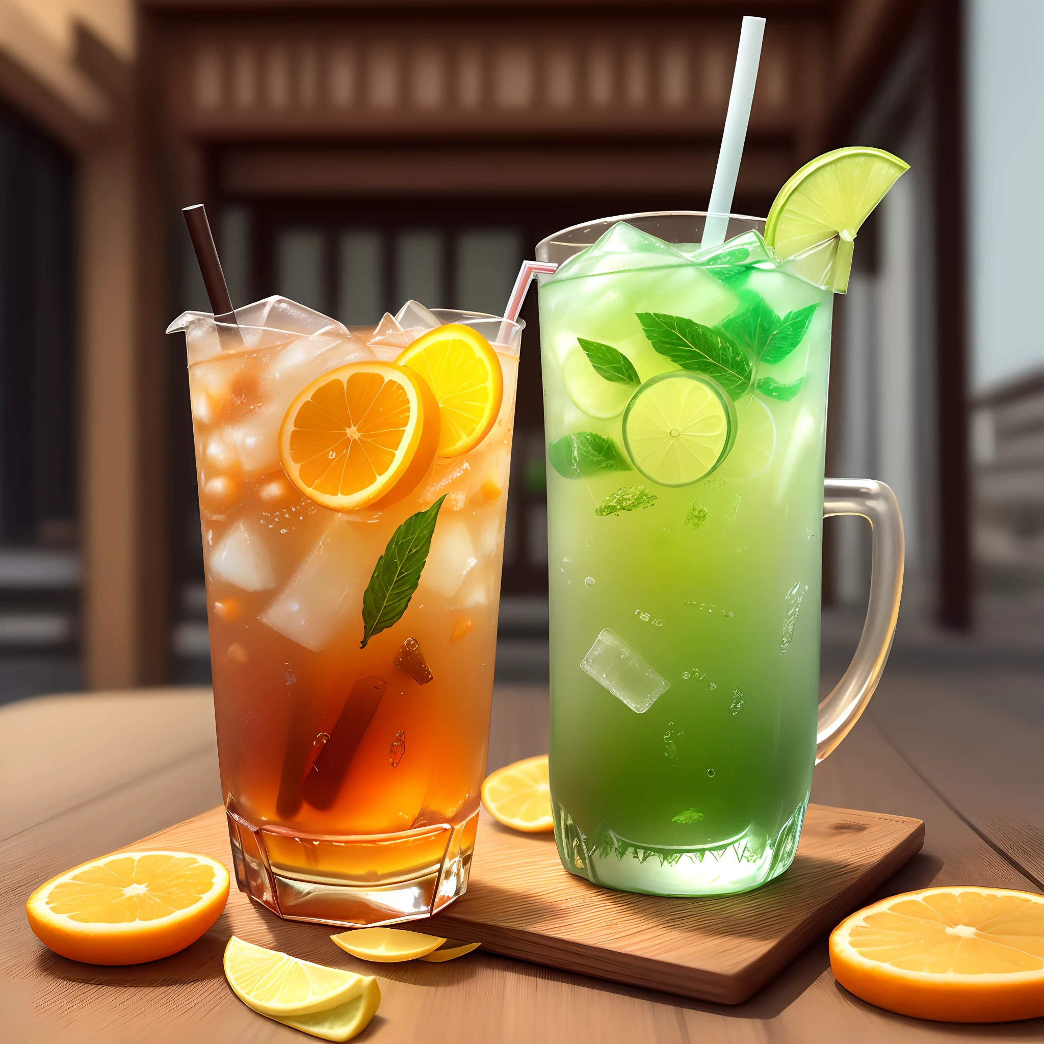 there is a drink in a plastic cup with ice and orange slices, phong shaded, thanshuhai, drink, promo image, pudenda, official product image, refreshing, official product photo, iced tea glass, half tiger, cold drinks, inspired by Tan Ting-pho, 0, thirst, phuoc quan, image, hua cheng, lemonade, green tea