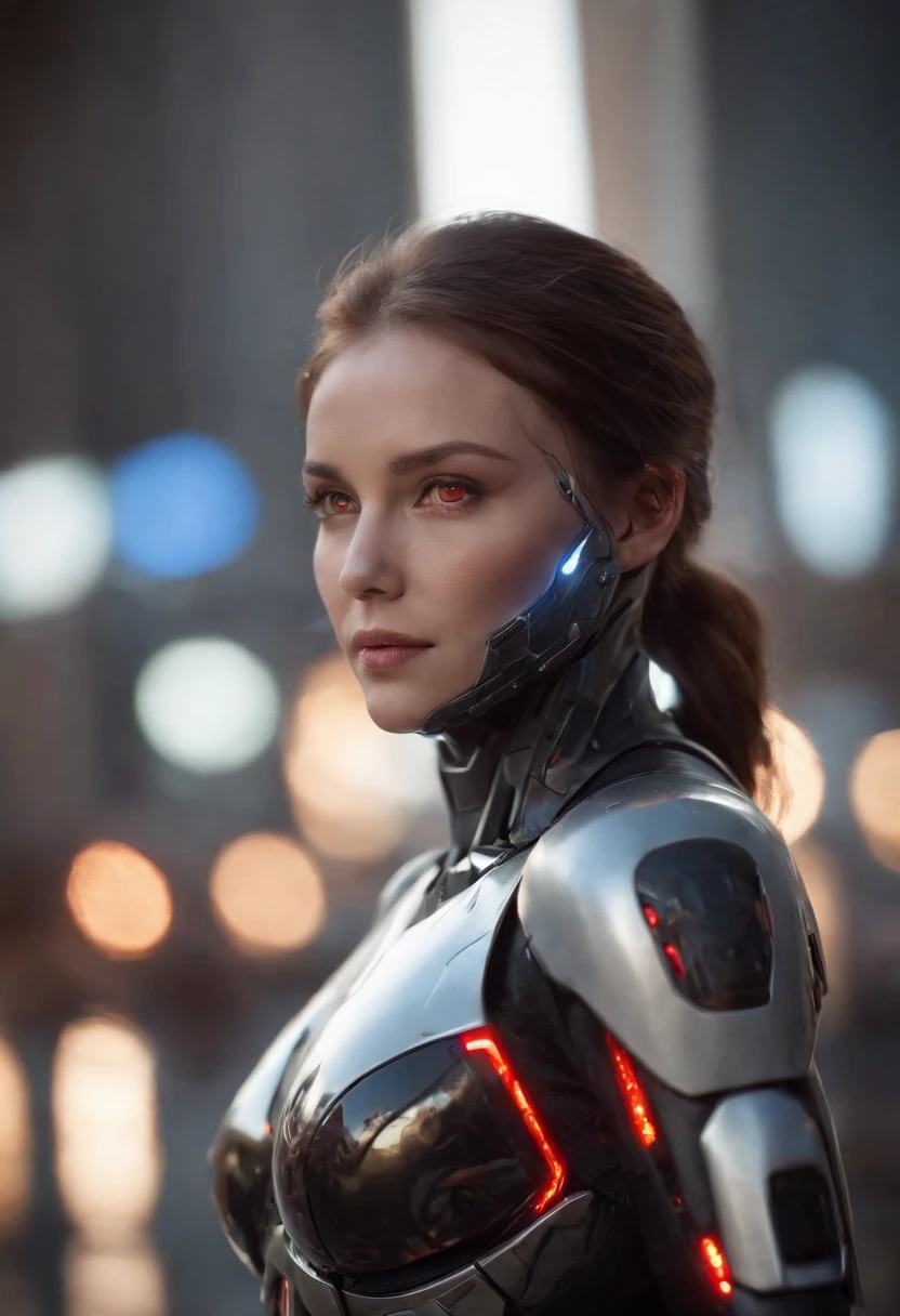 lizzyC1, ((best quality)),((masterpiece)),(detailed), Midjourney Style, close-up, woman, robot, red eyes, concept art, inspired by Marek Okon, digital art, Crysis Nanosuit, futuristic, (glowing elements:1.1), 4:3 aspect ratio,upper body