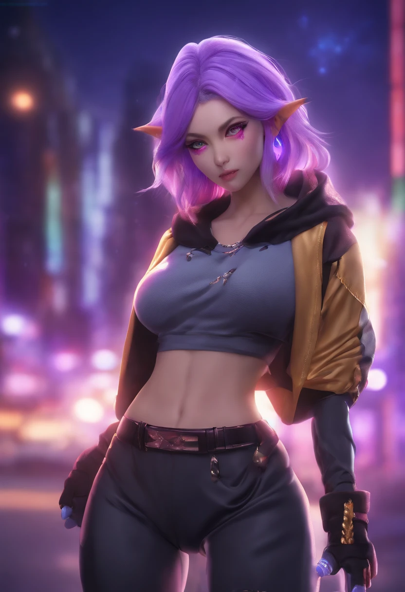raiden shougan wearing a crop top hoodie, looking at viewer, fingerless gloves, purple hair, purple eyes, fingerless gloves, both hands down, large breasts, breasts, glowing eyes, glowing purple eyes, purple neon eyes, neon eyes, (extremely detailed), (best quality), (masterpiece), (ultra detailed), (highly detailed), (depth of field), (sharp focus), (8K quality), starrystarscloudcolorful, 、