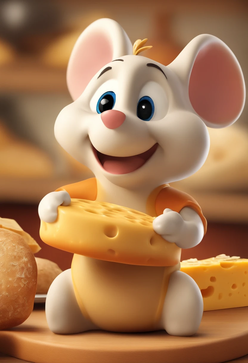 Mascot for a cheese bread factory. de frente. Target Audience: 2 a 15 anos. Que transmitisse alegria e fofura.cores kids.It shouldn't be a fat mascot, sem carisma e triste.deve ser juvenil. divertido.suggestion: Mouse with a cheese bun in hand.