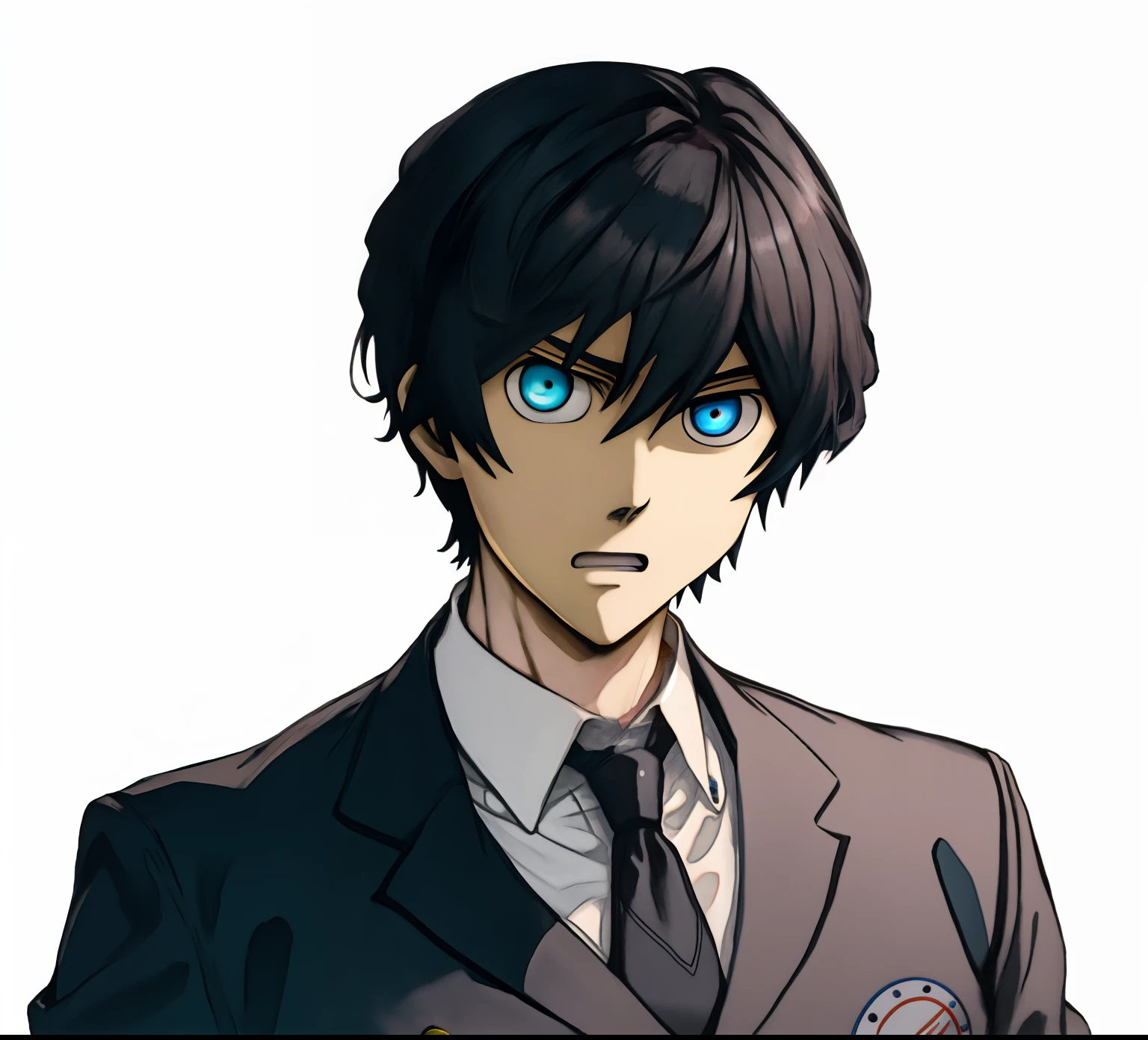 Anime boy in suit with tie and badge, The expression is terrified，shigenori soejima illustration, hijikata toushirou, Tall anime guy with blue eyes, kazuma kaneko, official character art, inspired by Okumura Togyu, inspired by Hisui Sugiura, inspirado em Okumura Masanobu, fukaya yuichiro