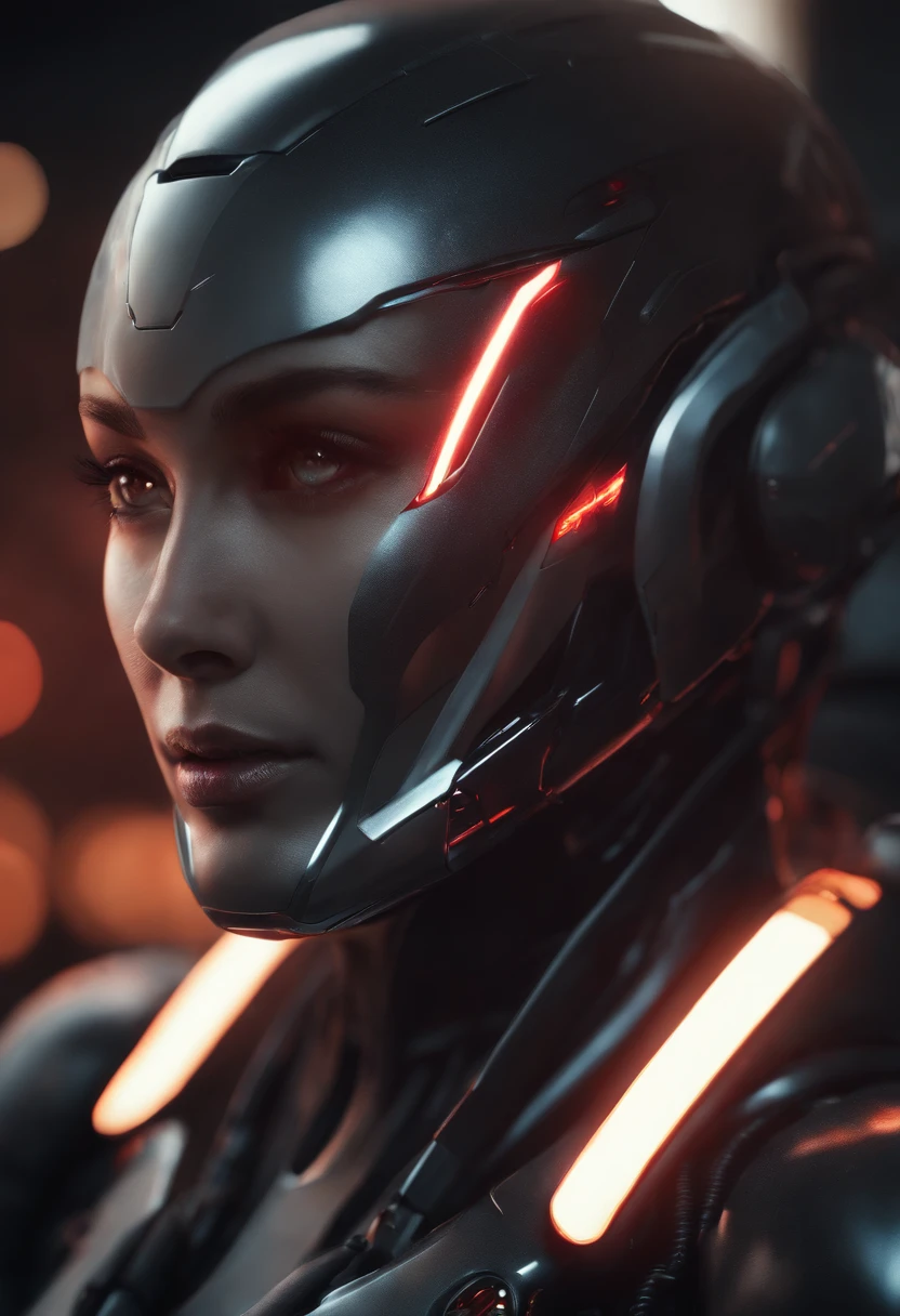 lizzyC1, ((best quality)),((masterpiece)),(detailed), Midjourney Style, close-up, woman, robot, red eyes, concept art, inspired by Marek Okon, digital art, Crysis Nanosuit, futuristic, (glowing elements:1.1), 4:3 aspect ratio,upper body