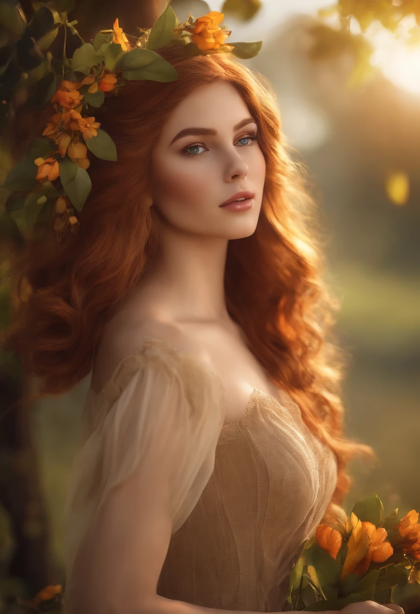 Luma is a elegant person, she is beautiful And have a strong posture, she has breasts that have a voluminous proportion, a pear feminine silhouette, Auburn hair, long Auburn hair, She has expressive eyes, ( Only eyes olive green) Her skin is fair and she has some light freckles on her cheek bones, busty, Farm, Brown rustic clothes, boho clothes, farm boho fashion clothes, romantic vibes, fire lights, fire sparkles, flowers clothes the hair to be half straight and half with curled ends cartoon
