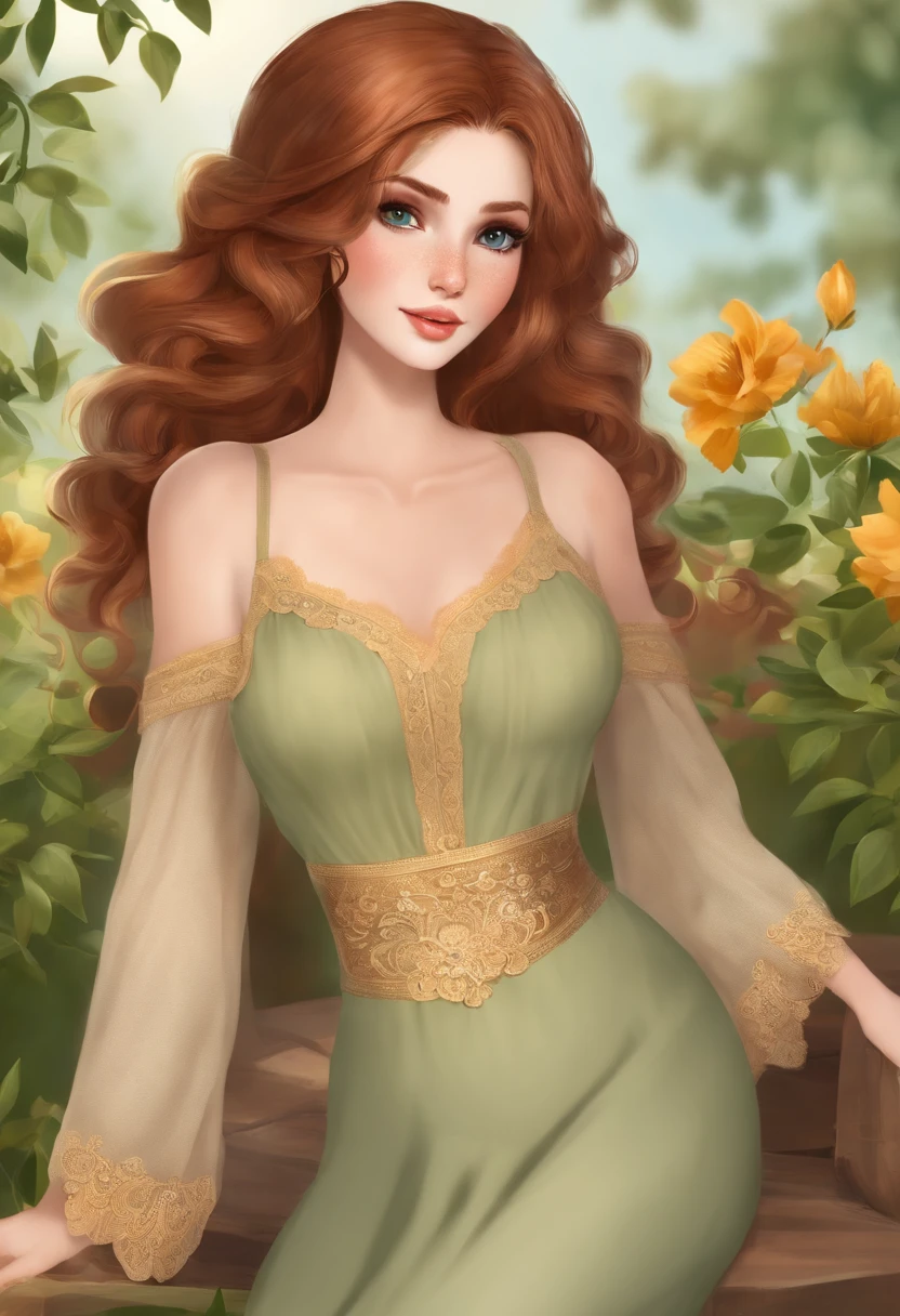 Luma is a elegant person, she is beautiful And have a strong posture, she has breasts that have a voluminous proportion, a pear feminine silhouette, Auburn hair, long Auburn hair, She has expressive eyes, ( Only eyes olive green) Her skin is fair and she has some light freckles on her cheek bones, busty, Farm, Brown rustic clothes, boho clothes, farm boho fashion clothes, romantic vibes, fire lights, fire sparkles, flowers clothes the hair to be half straight and half with curled ends cartoon