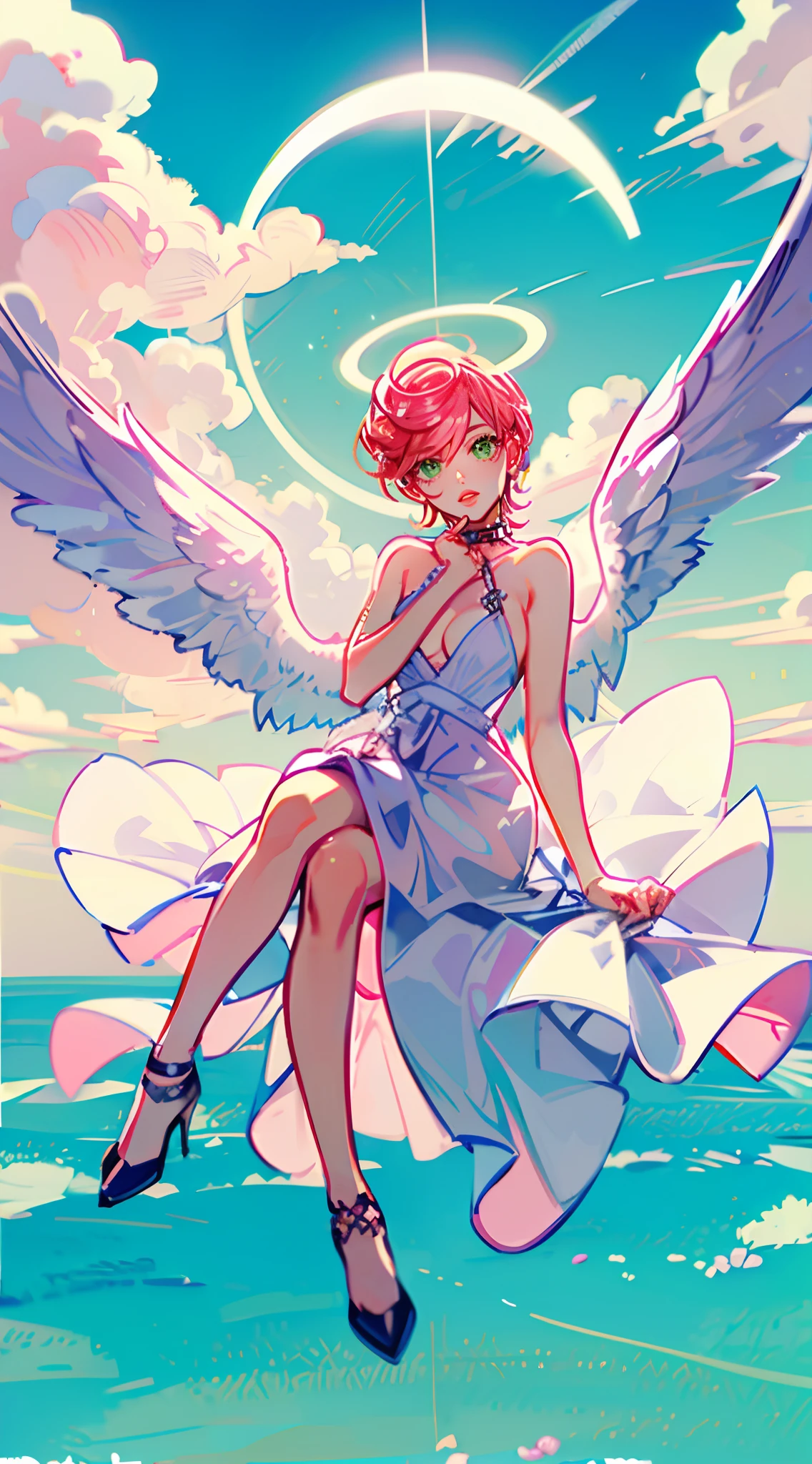 trishuna, trishjojo, trish jojo, trish una, pink hair, green eyes, pink lipstick, full lips, outdoors, heaven, heavenly. happy girl, cute dress dress, solo girl, 1girl, short blonde hair, small boobs, slim waist, cute shoes, clouds, angel girl, big angel wings, a halo over her head, shining halo, dynamic pose, huge wings, sitting on clouds, white dress, white long dress, white sandles