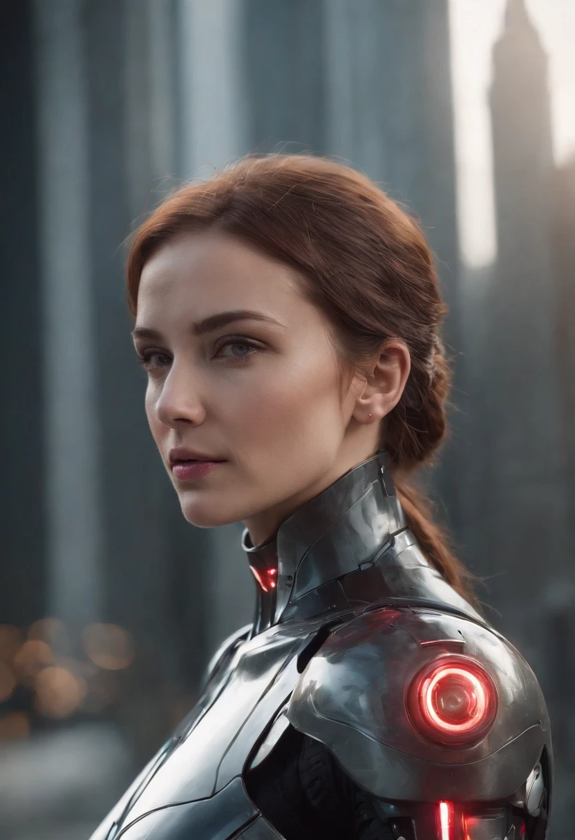 lizzyC1, ((best quality)), ((masterpiece)), (detailed), Midjourney Style, close-up, woman, robot, red eyes, concept art, inspired by Marek Okon, digital art, Crysis Nanosuit, futuristic, (glowing elements:1.1), 4:3 aspect ratio, dynamic duo,upper body