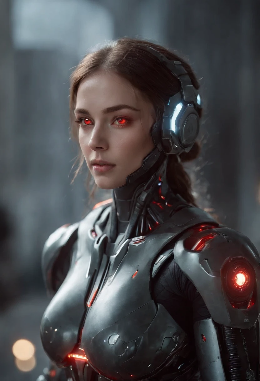 lizzyC1, ((best quality)), ((masterpiece)), (detailed), Midjourney Style, close-up, woman, robot, red eyes, concept art, inspired by Marek Okon, digital art, Crysis Nanosuit, futuristic, (glowing elements:1.1), 4:3 aspect ratio, dynamic duo,upper body