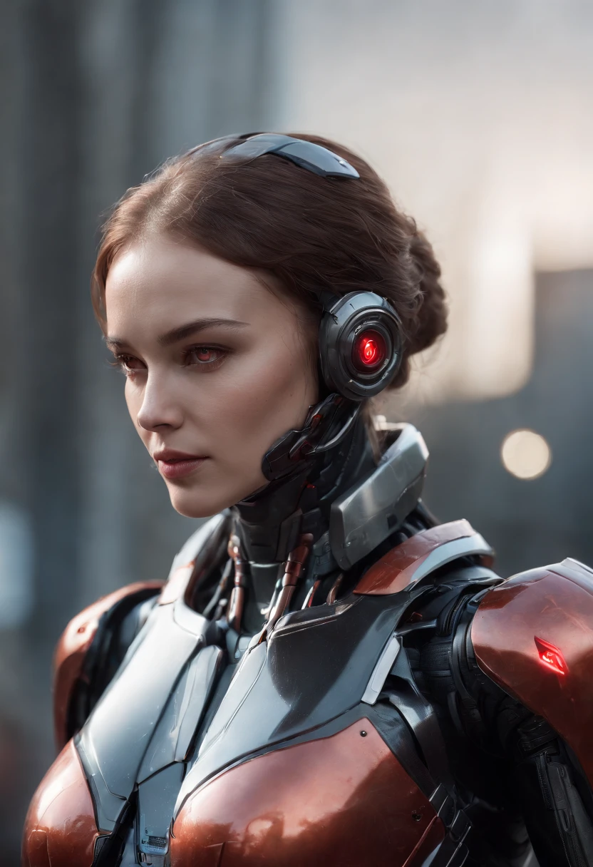 lizzyC1, ((best quality)), ((masterpiece)), (detailed), Midjourney Style, close-up, woman, robot, red eyes, concept art, inspired by Marek Okon, digital art, Crysis Nanosuit, futuristic, (glowing elements:1.1), 4:3 aspect ratio, dynamic duo,upper body