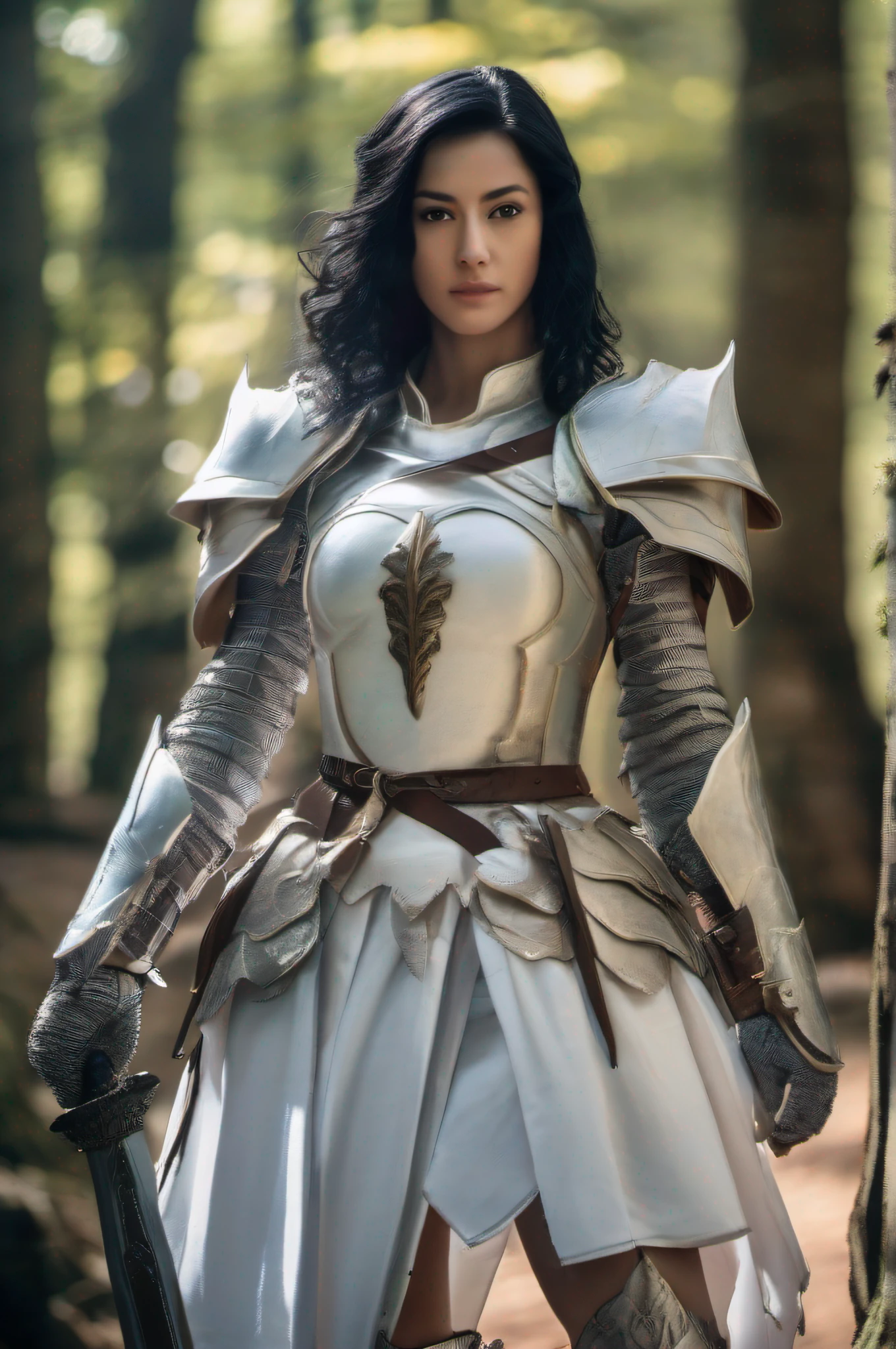 A high quality image of Woman, black hair, white skin, high definition, Armor Knight Suit, England Knight, Saber Sword, 4k, Skirt legs, damage armor, RTX 4090, focus camera, forest background