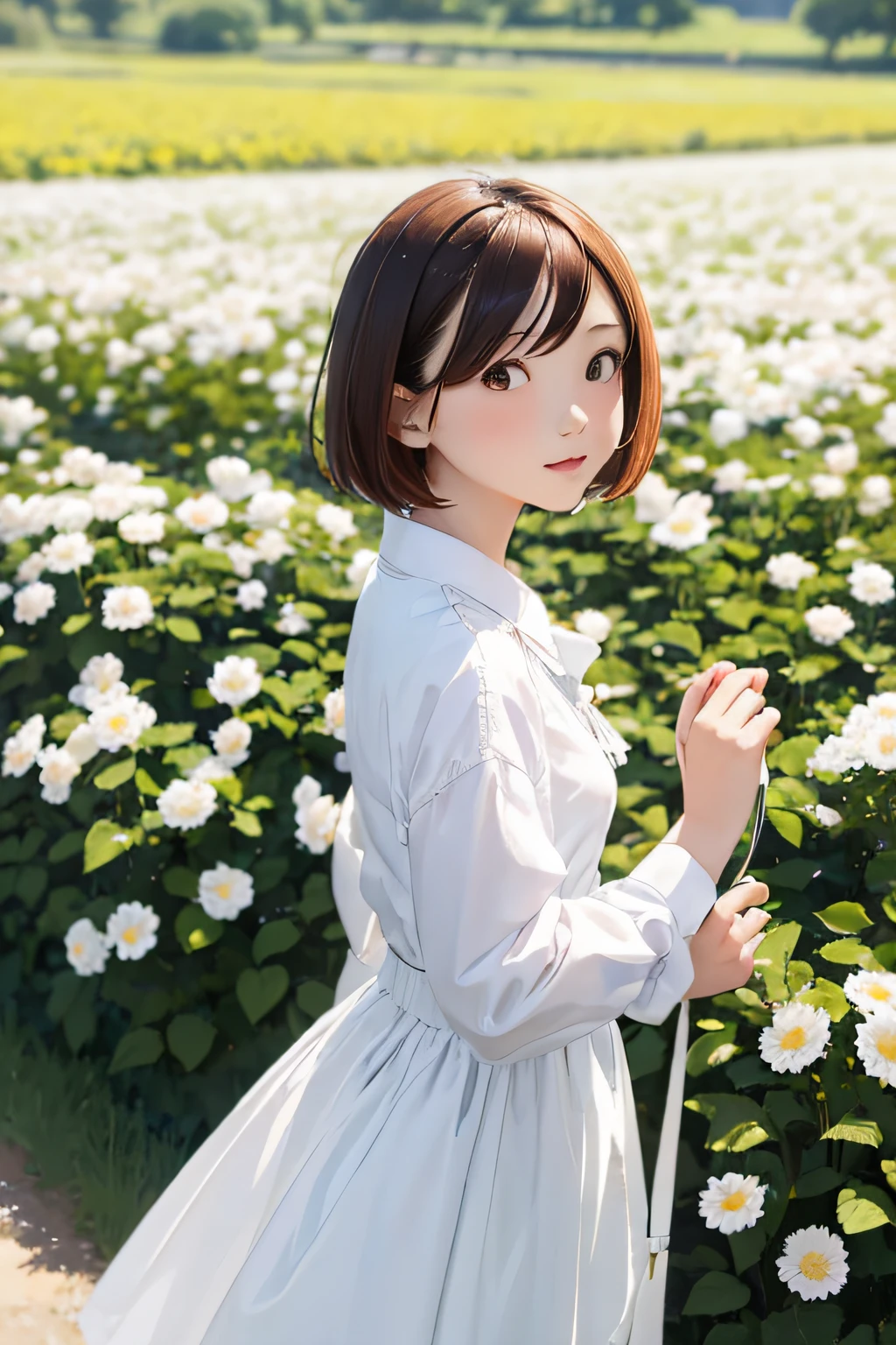 (masutepiece), Best Quality, Ultra-detailed,girl with,White shirt、bionde、small nose、blurry backround:1.5、plein air、flower field