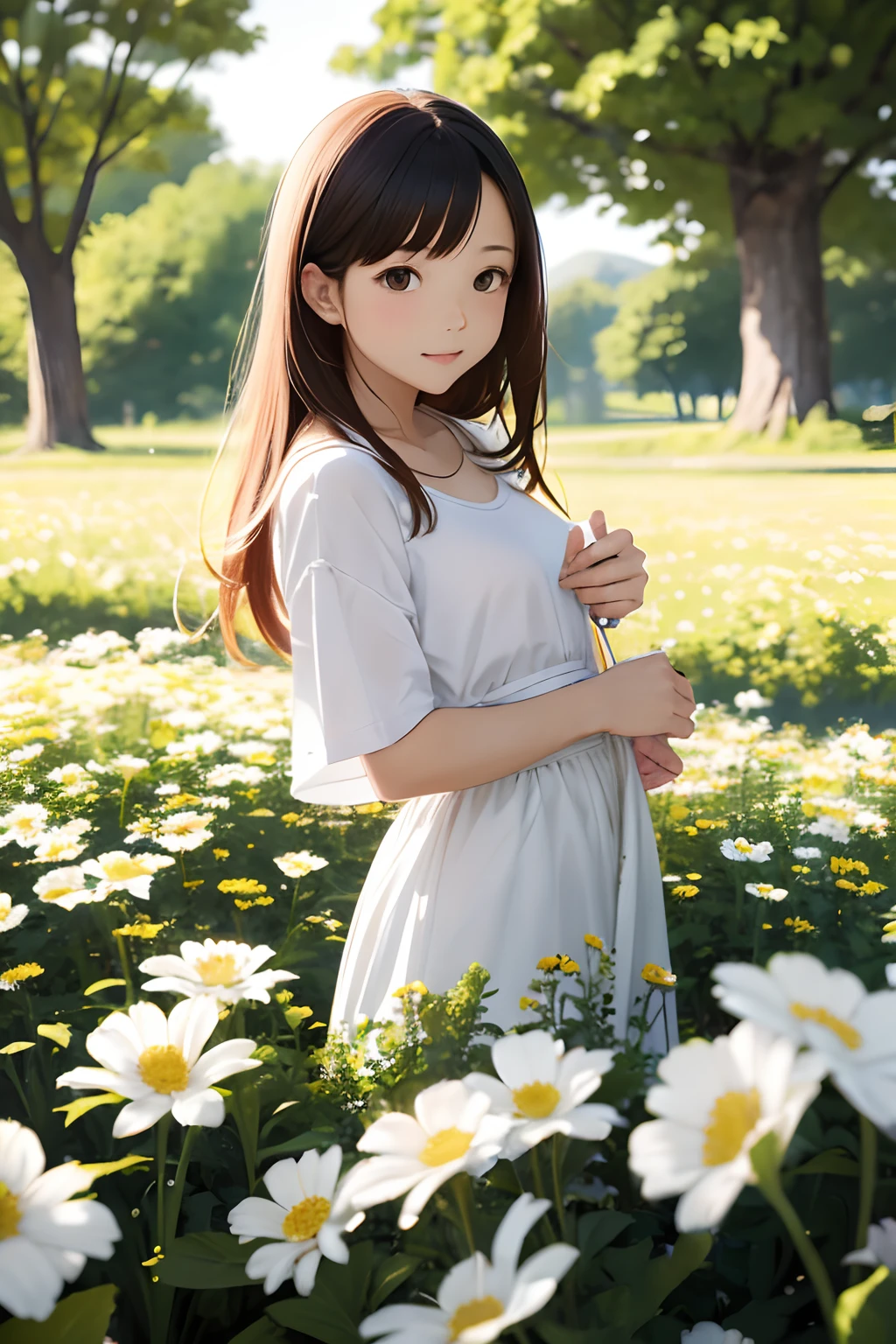 (masutepiece), Best Quality, Ultra-detailed,girl with,White shirt、bionde、small nose、blurry backround:1.5、plein air、flower  field