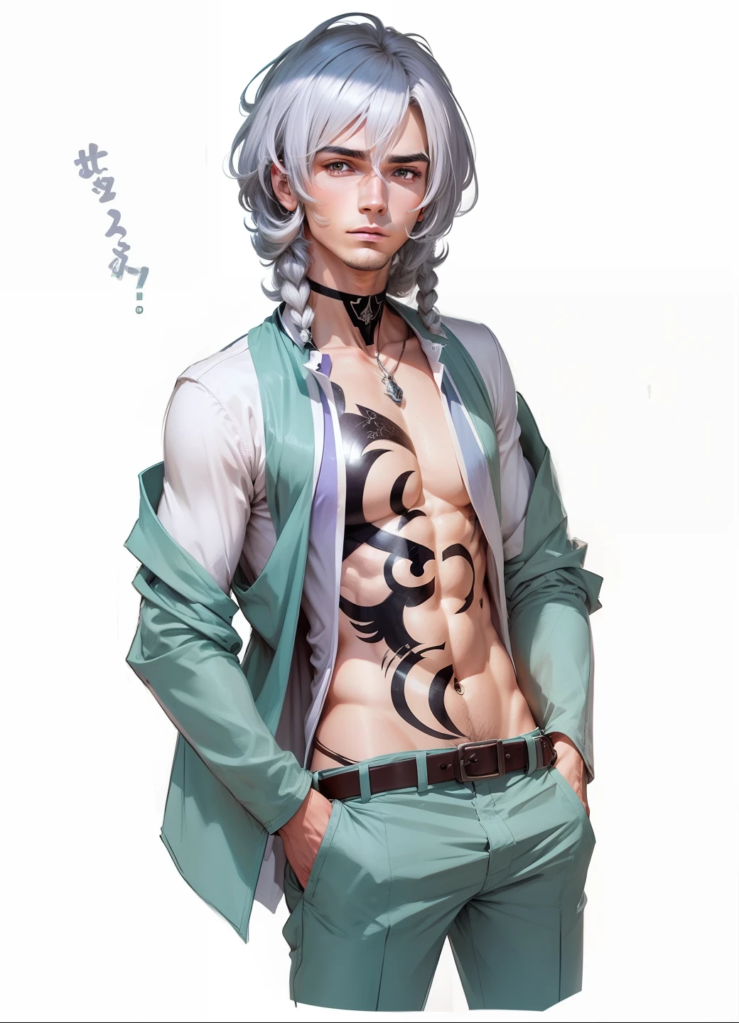 Homem cabelo branco com mechas pretas.