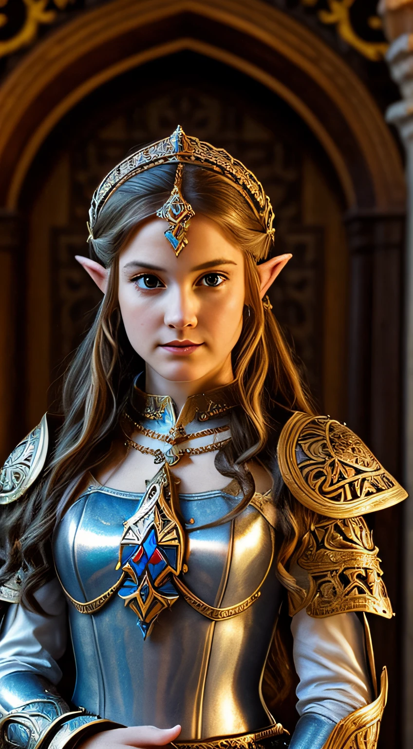 a documentary portrait photography of princess zelda with an intricate ornate armor, medieval armor, enameled armor, ivory, masterpiece, highly detailed (sfw), cinematographic lighting,