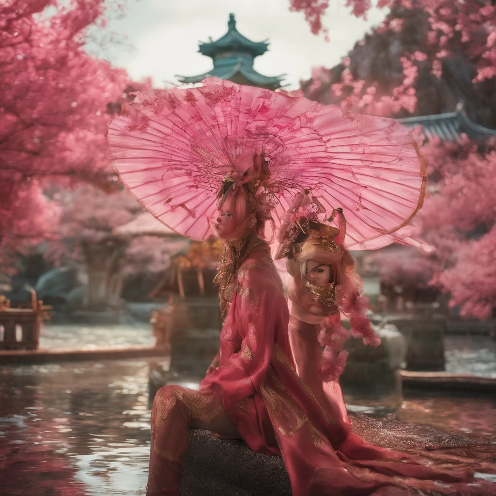 32K（tmasterpiece，k hd，hyper HD，32K）curlies，Flowing rouge，ponds，zydink， a color，  Liaoning people （Silly girl）， （Silk scarf）， Combat posture， looking at the ground，  Flowing rouge curls，Green emerald headdress， Chinese long-sleeved pink gold garment， （abstract ink splash：1.2）， Pink lotus background，Water lily flower protector（realisticlying：1.4），Rouge hair，Autumn is in full swing，The background is pure， A high resolution， the detail， RAW photogr， Sharp Re， Nikon D850 Film Stock Photo by Jefferies Lee 4 Kodak Portra 400 Camera F1.6 shots, Rich colors, ultra-realistic vivid textures, Dramatic lighting, Unreal Engine Art Station Trend, cinestir 800，Large curls，Flowing rouge