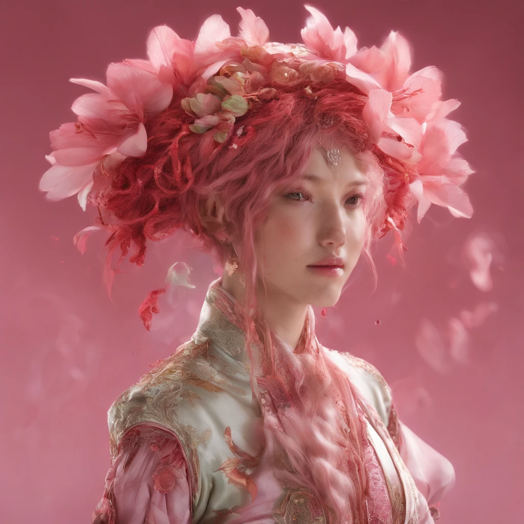 32K(tmasterpiece,k hd,hyper HD,32K)curlies,Flowing rouge,ponds,zydink, a color, Liaoning people (Silly girl), (Silk scarf), Combat posture, looking at the ground, Flowing rouge curls,Green emerald headdress, Chinese long-sleeved pink gold garment, (abstract ink splash:1.2), Pink lotus background,Water lily flower protector(realisticlying:1.4),Rouge hair,Autumn is in full swing,The background is pure, A high resolution, the detail, RAW photogr, Sharp Re, Nikon D850 Film Stock Photo by Jefferies Lee 4 Kodak Portra 400 Camera F1.6 shots, Rich colors, ultra-realistic vivid textures, Dramatic lighting, Unreal Engine Art Station Trend, cinestir 800,Large curls,Flowing rouge