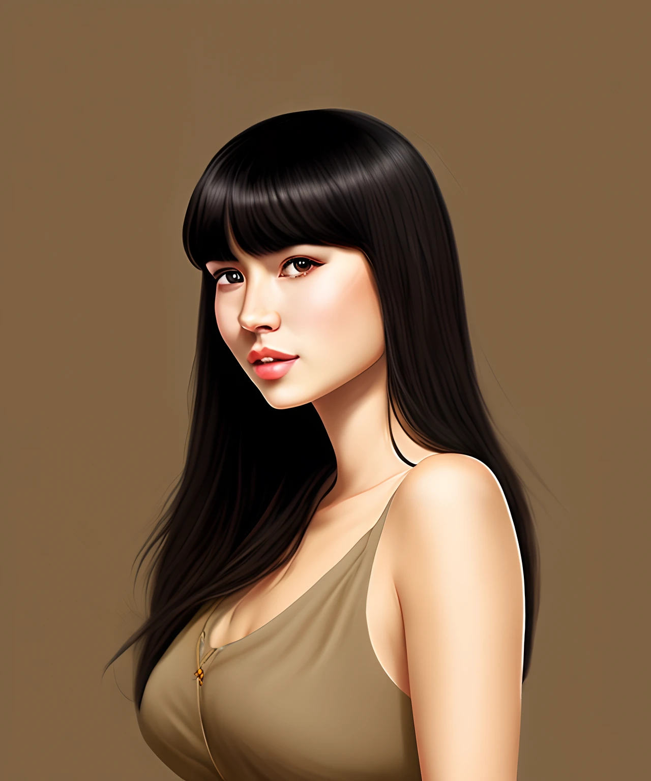 girl with bangs long, jet black hair, not realisticly drawn, beige skin, pear shaped chubby,