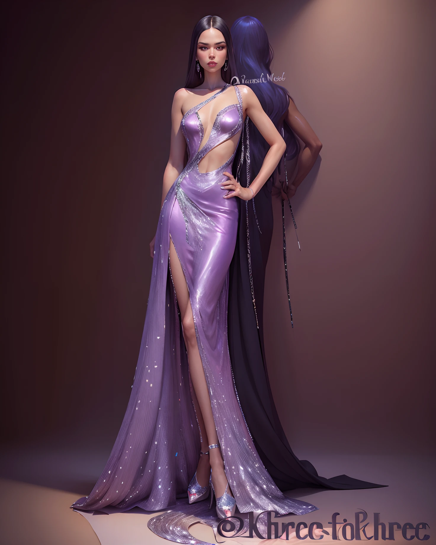 uma mulher em um vestido roxo com uma fenda longa, detailed fashion illustration, luxury fashion illustration, vestido em um vestido roxo, vestido sexy, vestido cintilante de diamante, inspirado em Farid Mansour, vestido extravagante, fantasia vestido longo intrincado, inspired by Adrienn Henczné Deák, inspirado em Rowena Meeks Abdy, vestido vestido bonito vestido realista ilustracao REALISTA 3D REAL