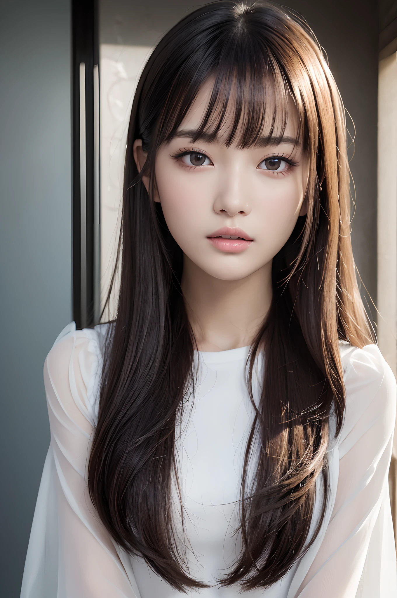 1girl in、beautiful vintage color、Instagram(Photorealsitic、hight resolution:1.4)、((Puffy eyes))、Staring at the viewer、、full body Esbian(8K、Raw photography、top-quality、masterpiece:1.2)、(realisitic、Photorealsitic) :1.37)、(foco nítido:1.2)、Professional Writing、photon maping、Radio City、Physically Based Rendering、(de pele branca:1.2)、Viewer's Perspective、(Middle hair:1.5)、portlate、Purple Eye、(silber hair:1.1)、bangss、(symple background:1.4)、独奏、The upper part of the body、realisitic、(masterpiece:1.4)、(top-quality:1.4)、(glowy skin)、fashionGirl、makeups、A smile(skinny、Mouth closure、full of shyness:1.3)、Colossal tits、sexypose、Realistic pores
