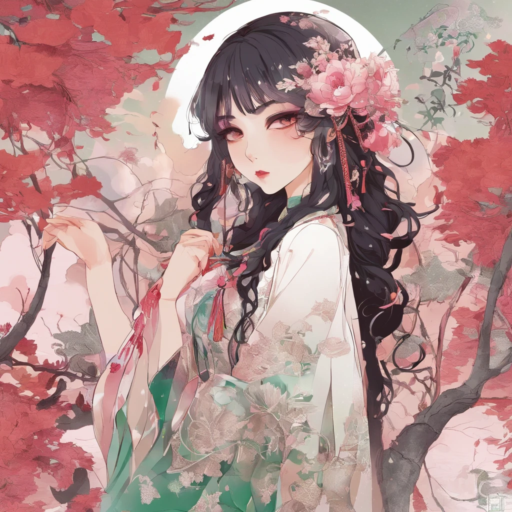32K(tmasterpiece,k hd,hyper HD,32K)curlies,Flowing rouge,ponds,zydink, a color, Liaoning people (Silly girl), (Silk scarf), Combat posture, looking at the ground, Flowing rouge curls,Green emerald headdress, Chinese long-sleeved pink gold garment, (abstract ink splash:1.2), Pink lotus background,Water lily flower protector(realisticlying:1.4),Rouge hair,Autumn is in full swing,The background is pure, A high resolution, the detail, RAW photogr, Sharp Re, Nikon D850 Film Stock Photo by Jefferies Lee 4 Kodak Portra 400 Camera F1.6 shots, Rich colors, ultra-realistic vivid textures, Dramatic lighting, Unreal Engine Art Station Trend, cinestir 800,Large curls,Flowing rouge