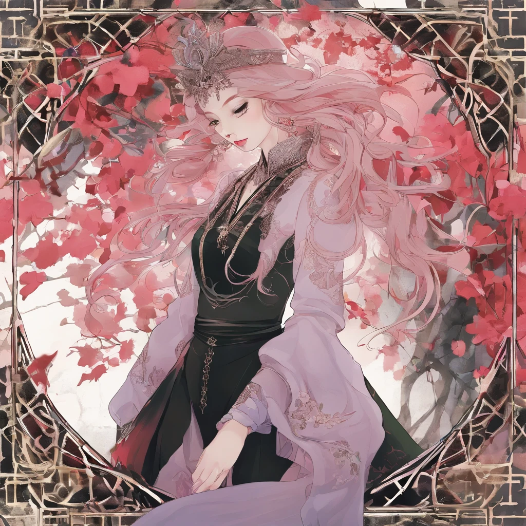 32K(tmasterpiece,k hd,hyper HD,32K)curlies,Flowing rouge,ponds,zydink, a color, Liaoning people (Silly girl), (Silk scarf), Combat posture, looking at the ground, Flowing rouge curls,Green emerald headdress, Chinese long-sleeved pink gold garment, (abstract ink splash:1.2), Pink lotus background,Water lily flower protector(realisticlying:1.4),Rouge hair,Autumn is in full swing,The background is pure, A high resolution, the detail, RAW photogr, Sharp Re, Nikon D850 Film Stock Photo by Jefferies Lee 4 Kodak Portra 400 Camera F1.6 shots, Rich colors, ultra-realistic vivid textures, Dramatic lighting, Unreal Engine Art Station Trend, cinestir 800,Large curls,Flowing rouge