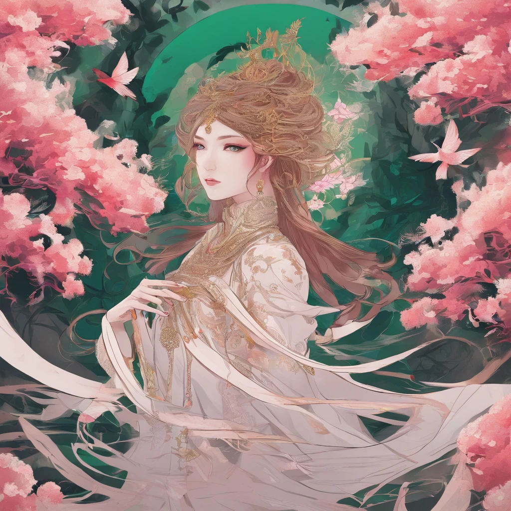 32K(tmasterpiece,k hd,hyper HD,32K)curlies,Flowing rouge,ponds,zydink, a color, Liaoning people (Silly girl), (Silk scarf), Combat posture, looking at the ground, Flowing rouge curls,Green emerald headdress, Chinese long-sleeved pink gold garment, (abstract ink splash:1.2), Pink lotus background,Water lily flower protector(realisticlying:1.4),Rouge hair,Autumn is in full swing,The background is pure, A high resolution, the detail, RAW photogr, Sharp Re, Nikon D850 Film Stock Photo by Jefferies Lee 4 Kodak Portra 400 Camera F1.6 shots, Rich colors, ultra-realistic vivid textures, Dramatic lighting, Unreal Engine Art Station Trend, cinestir 800,Large curls,Flowing rouge