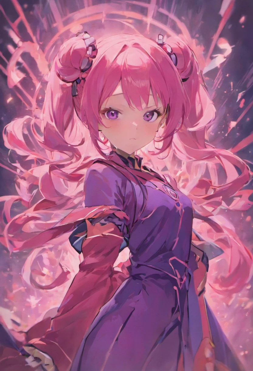 mature, dark skin, woman, anime art style, pink hair, twintail pig hair, purple eyes, noble clothes, dark and red clothes