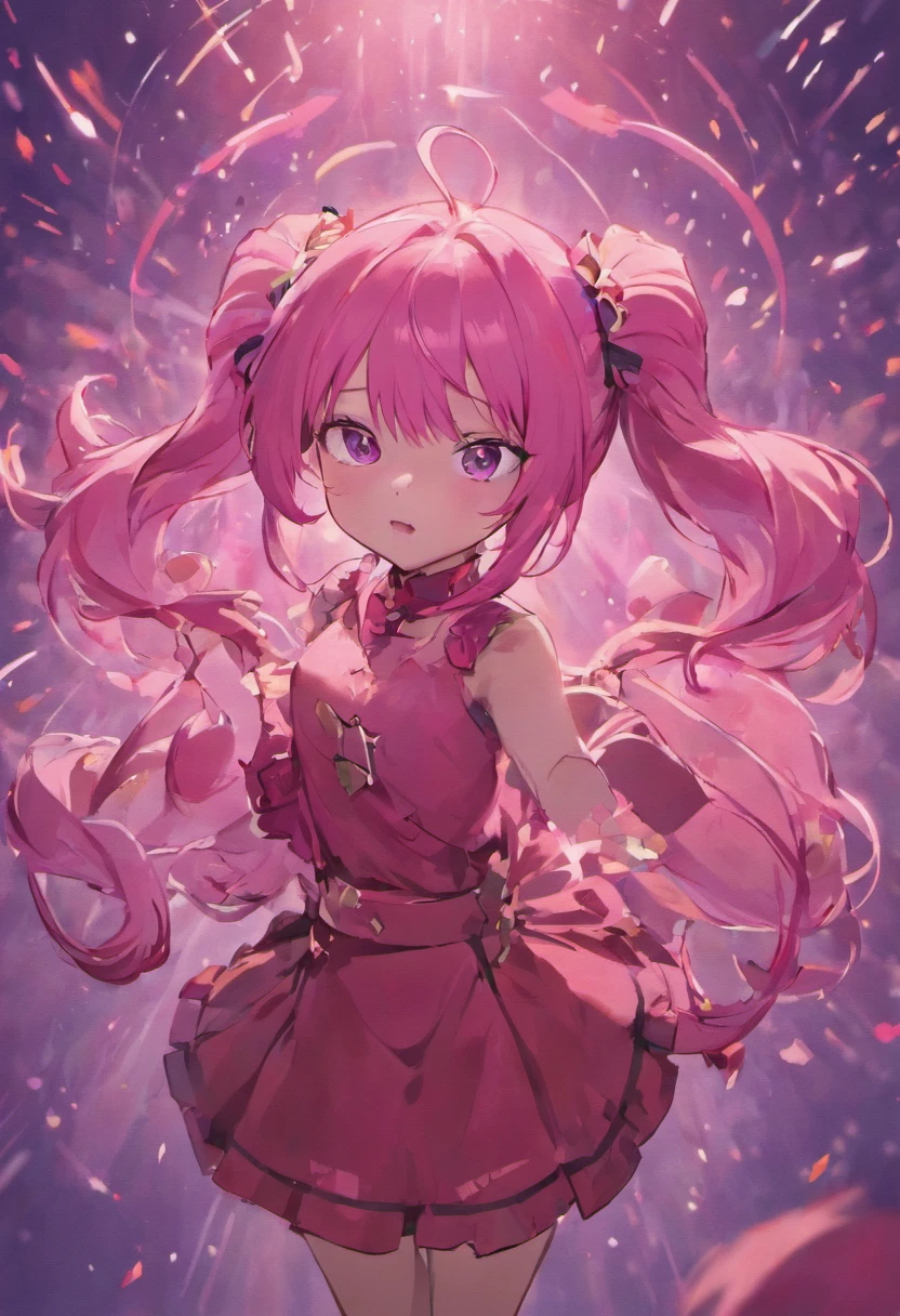 Pink bangs，Tie the twin tails in a low position，The body is small and soft，Very loli，very tiny，a smile