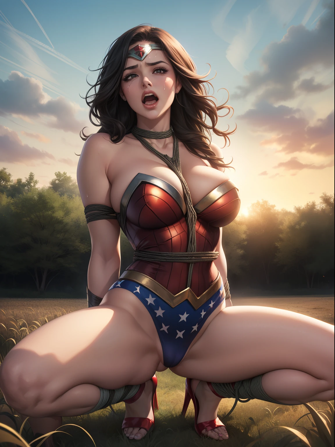 ((She's wearing lacy white panties)), (She's wearing stiletto high heels) ((Your blouse is tattered, Your mesh is tattered, his uniform is tattered, seu traje esta esfarrapado, your clothes are tattered)), ((SUPERHEROINE Wonder Woman half crouched in prison)), ((vezes, vagabunda, prostituta, vadia)) She's sweaty all over her body. She's screaming in terror, She's terrified, She's crying a lot. ((ela tem cabelo preto, ela tem cabelo longo)), ((She's wearing a lacy white Fishnet belt..)), ((Wearing a thick metal necklace around the neck )) She screams and begs for mercy, Ela cai no choro. Wearing a thick metal necklace around the neck with a chain. Usando maquiagem pesada no rosto. (Your clothes are immoral, your clothes are indecent). Shibari, arms behind back:1.4), (hands on back), (obra-prima, melhor qualidade) 1.5, 1girl, sozinho, (sexy, mulher bonita, rosto perfeito, olhos perfeitos) corpo inteiro, (Shibari, arms behind back:1.4), (hands on back), ((cabelos pretos)). ((High Definition Face)), (((She's inside a cornfield)))