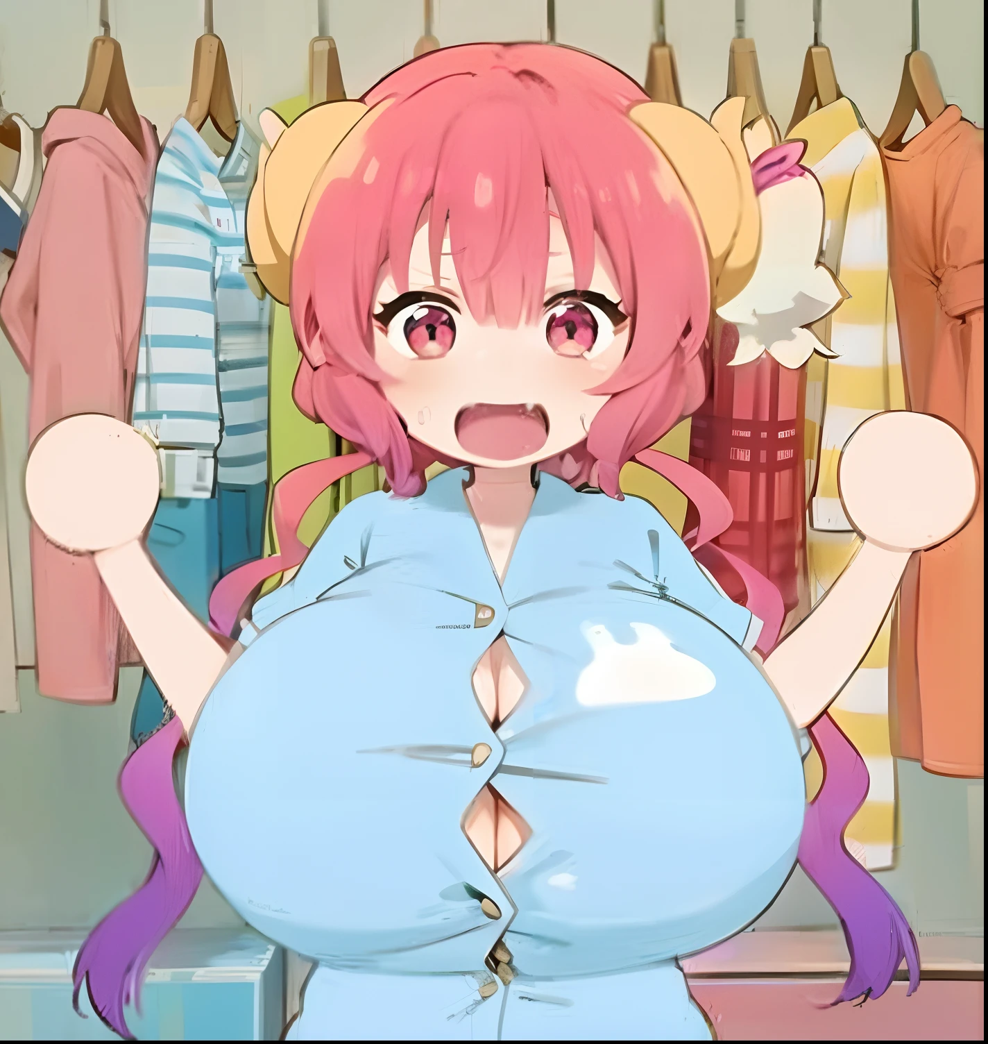 Imagen de anime de una mujer con cabello rosa y una camisa azul, Shirabii, OPPAI, Anime Moe Artstyle, Anime visual de una chica linda, Kinmoza!, small curvy loli, pecho esponjoso, Chica de anime llamada Lucy, Mejor chica del anime, Anime Blob, Imagen del anime Sankakucomplex, pechos grandes!!, Imagen de anime de Safebooru